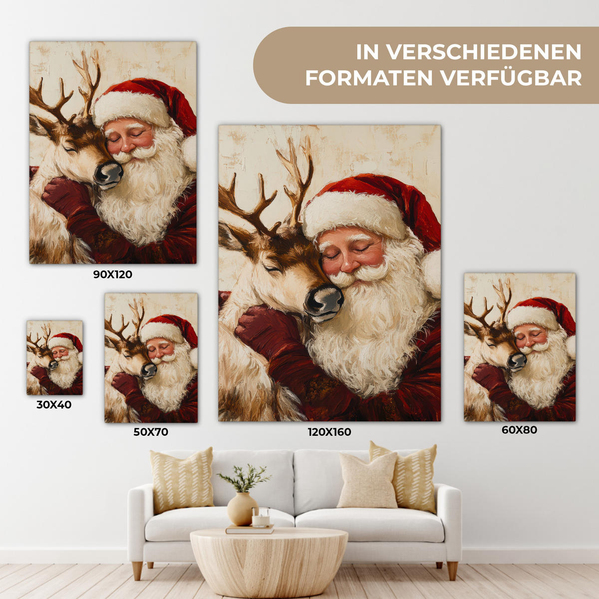 LEINWANDBILD Weihnachtsmann - Rentier - Weihnachten 30x40 cm - Rotbraun, Textil (30/40cm) - MuchoWow