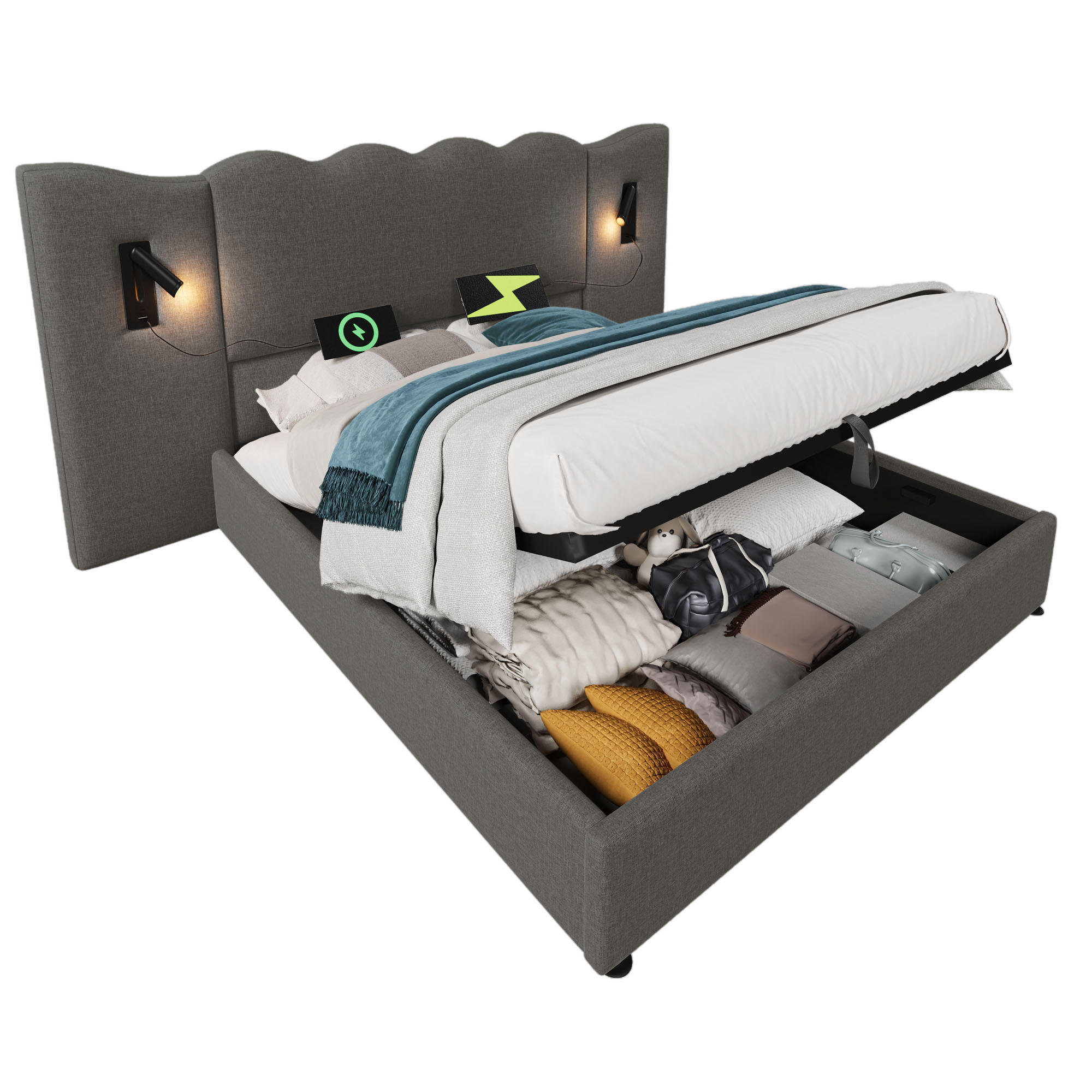 CHICFURN ČALOUNĚNÁ POSTEL 160/200 cm v šedé barvě s úložným prostorem, lampičkou a USB-C