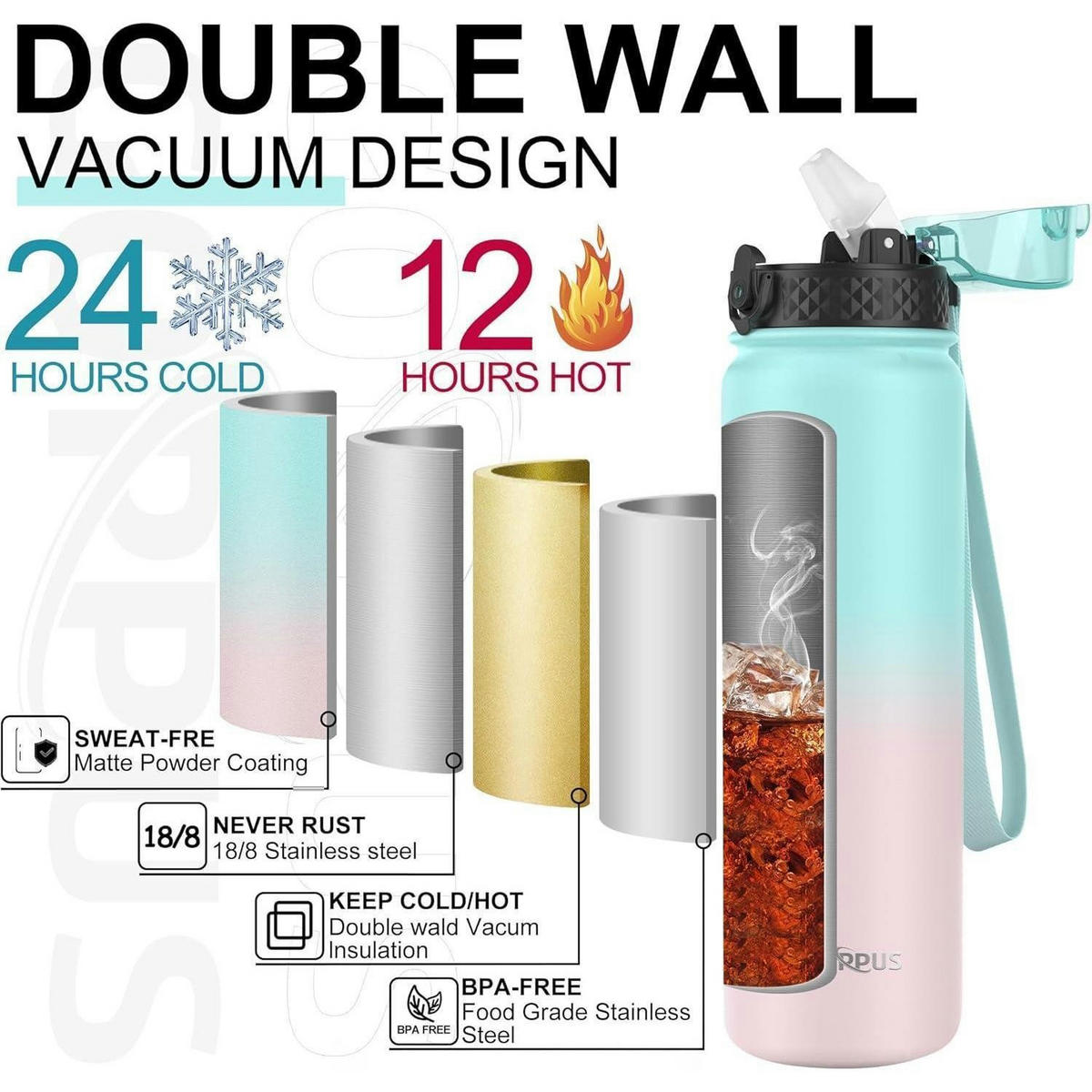 THERMOSFLASCHE mit Strohhalm 1000 ml Grün/Rosa - Multicolor, Metall (8/8cm)