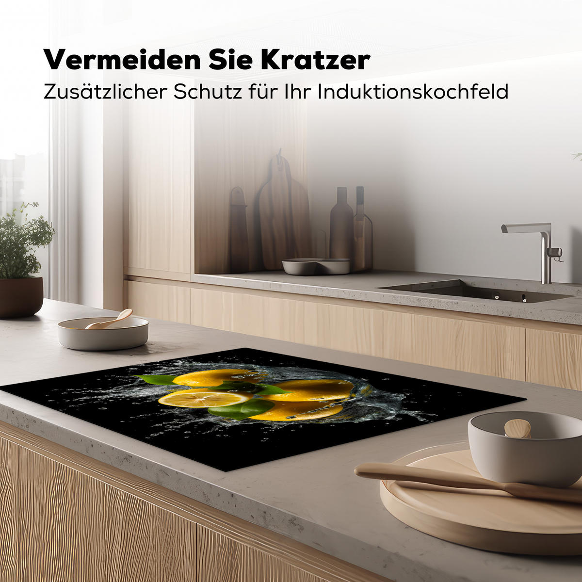 HERDABDECKPLATTE Zitrone - Obst - Gelb - Schwarz Induktionsmatte 77x59 cm - Gelb, Kunststoff (77/59/0.2cm) - MuchoWow