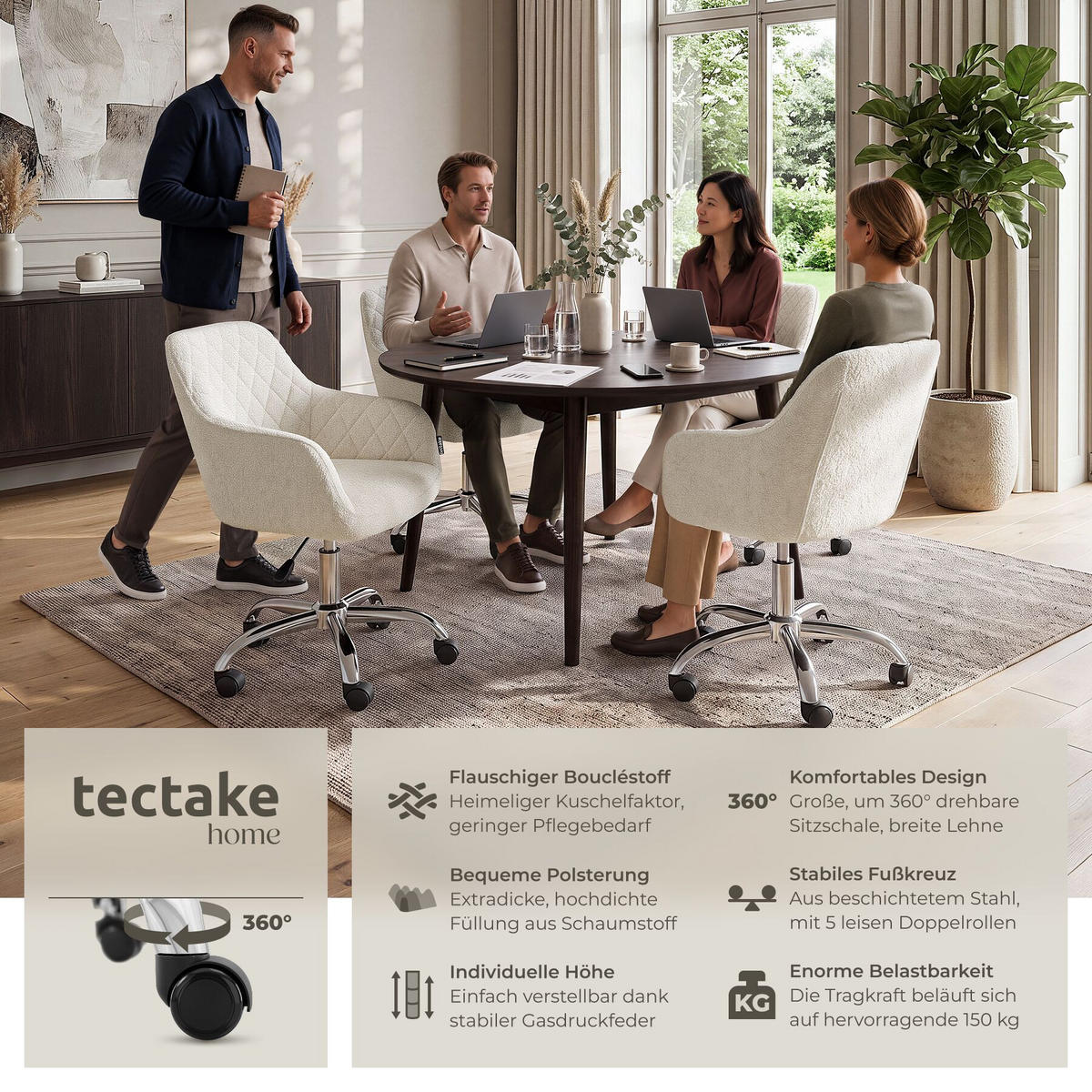 DREHSTUHL Nancy, 57 x 60 x 82 – 91 cm, Belastbarkeit 150 kg, weiß - Weiß, Kunststoff (57/91/60cm) - tectake