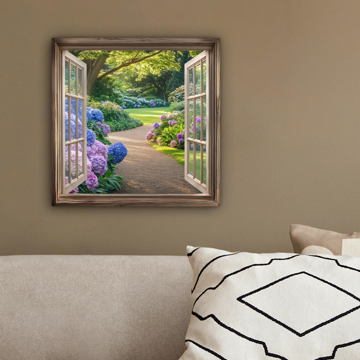 LEINWANDBILD Aussicht - Garten - Fenster - Hortensie - Blumen 20x20 cm - Pastellblau, Textil (20/20cm) - MuchoWow
