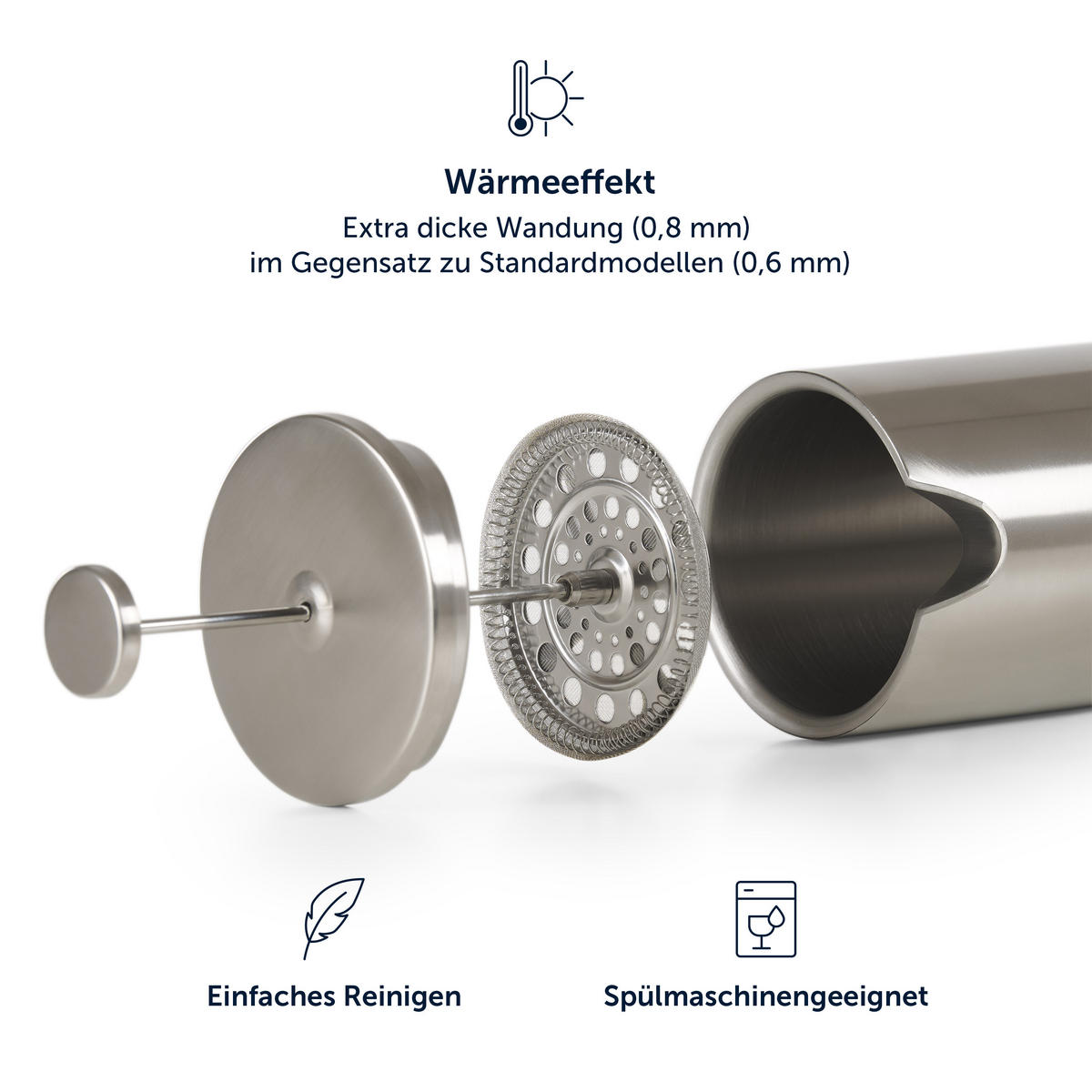 KAFFEEBEREITER French Press Edelstahl - doppelwandig isoliert mit Messskala inkl. Ersatzfilter & Anleitung, Spülmaschinengeeignet - Edelstahlfarben, Metall (14/13/21cm) - Blumtal