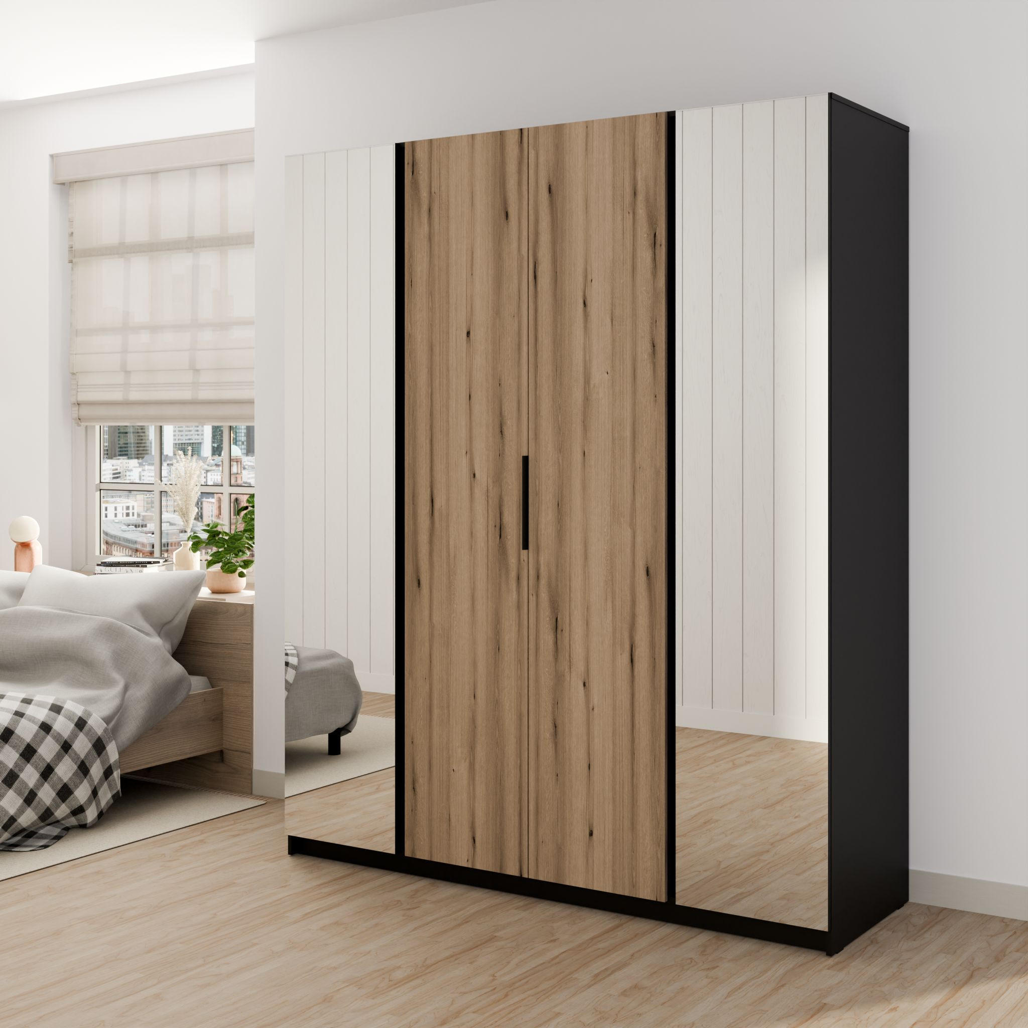DREHTÜRENSCHRANK CAGLIARI 200/239/61,9cm 4-türig mit Spiegel Schwarz - Goldfarben/Schwarz, Holzwerkstoff (200/239/61.9cm) - MASSENO