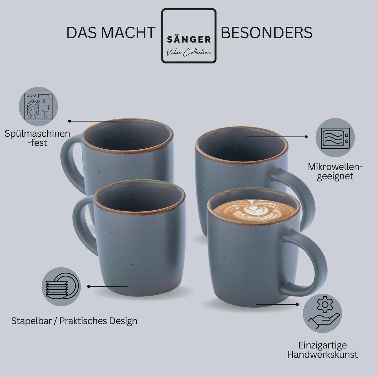KAFFEEBECHER BOMBAY GRAPHIT - 4 teilig aus Steingut - Dunkelgrau, Stein (0.8L) - Sänger