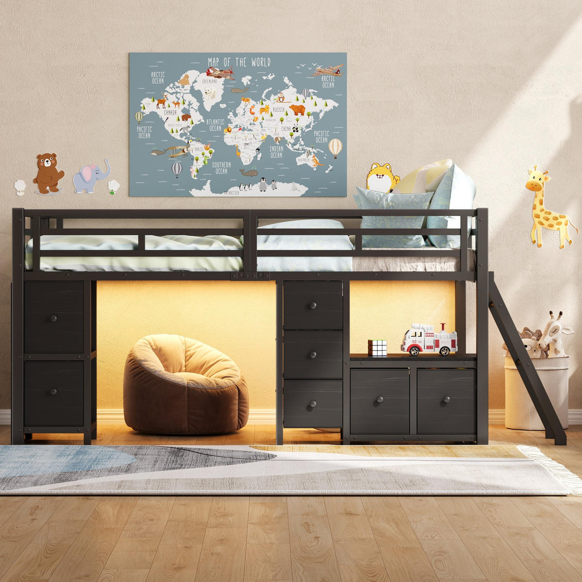 HOCHBETT 90/200 cm in Schwarz mit 7 Schubladen, offenem Regal, LED und Schutzgittern - Schwarz, Holzwerkstoff/Metall (90/200cm) - STILVORA