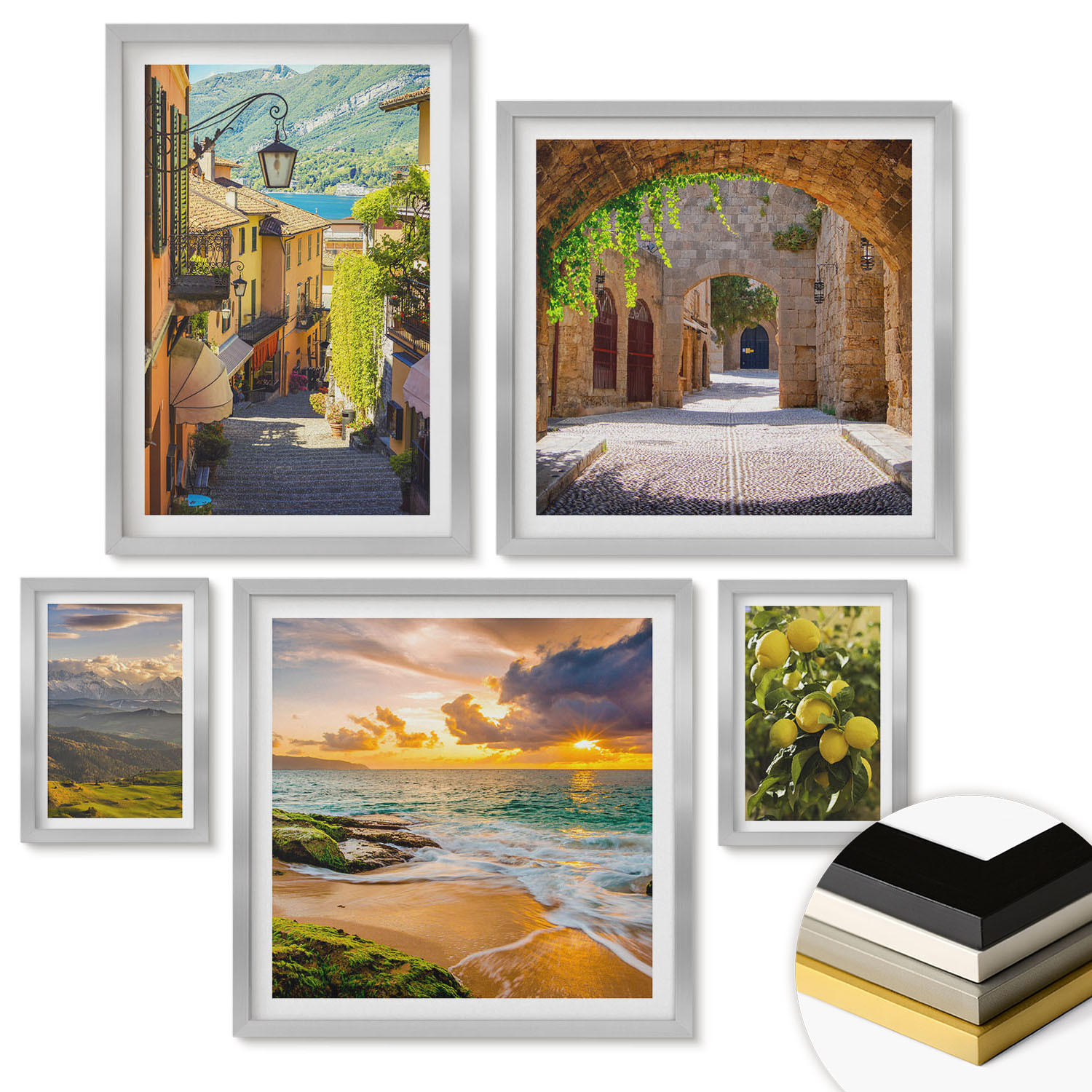 WANDBILDER 5er Set - 50x50 cm & 20x30 cm & 40x60 cm Silberner Rahmen - Malerische Straßen am Meer, Strand - Silberfarben, Kunststoff (40/60cm) - ArtPrintCave