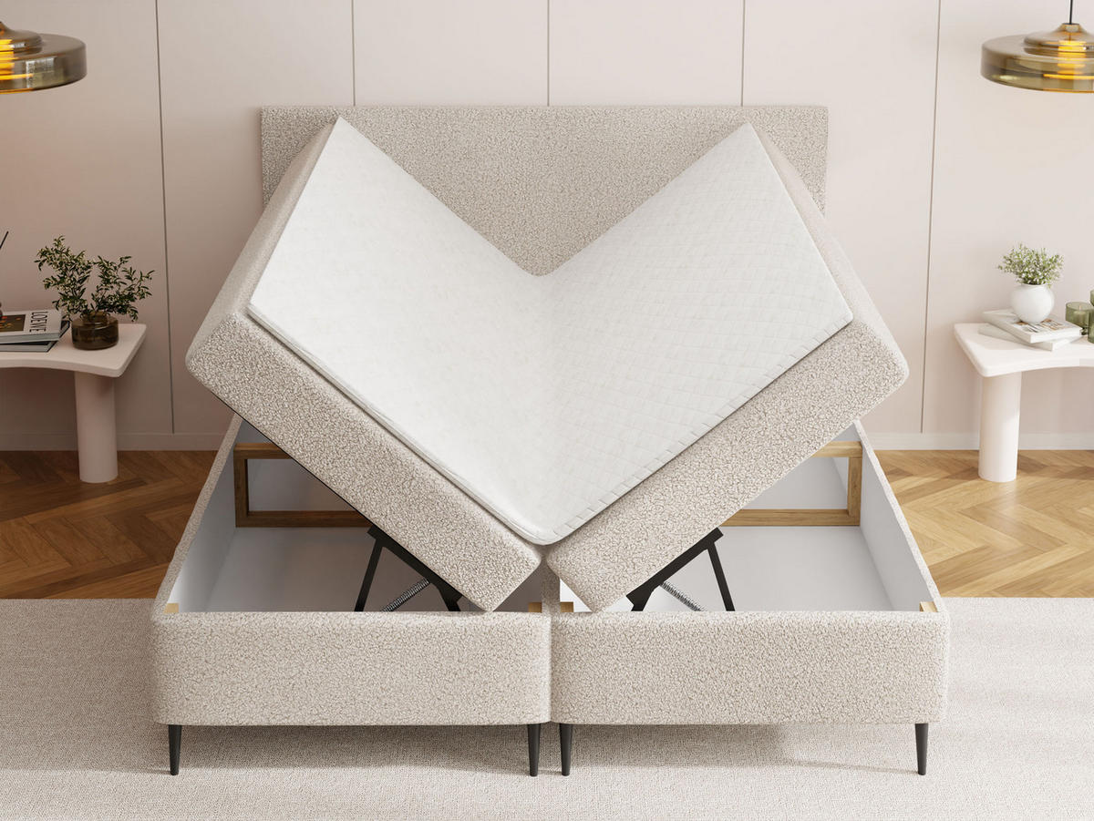 BOXBETT Allen mit Bettkasten, Samt Beige 200x200 cm – inkl. H4 Taschenfederkern Matratze & Foam Topper - Ecru/Beige, Holzwerkstoff/Metall (200/200cm) - WFL GROUP
