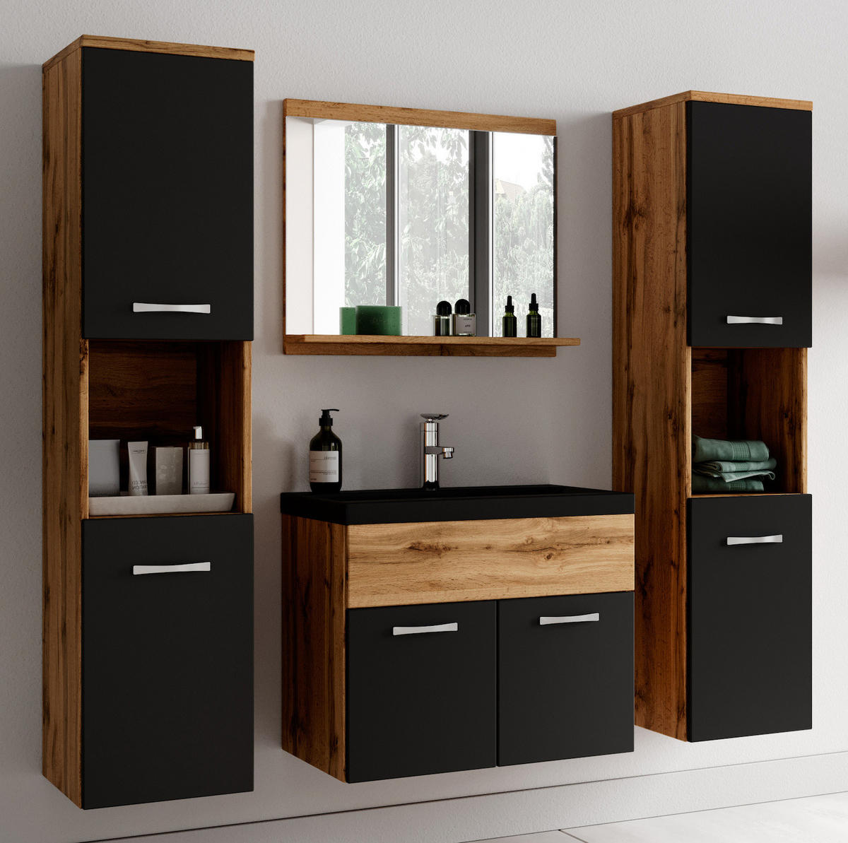 BADMÖBEL-SET Montreal 5 Teile Eiche / Schwarz - Schwarze Waschbecken - 60 x 35 x 51 cm - Eichefarben/Schwarz, Holz (60/51/35cm) - Badplaats