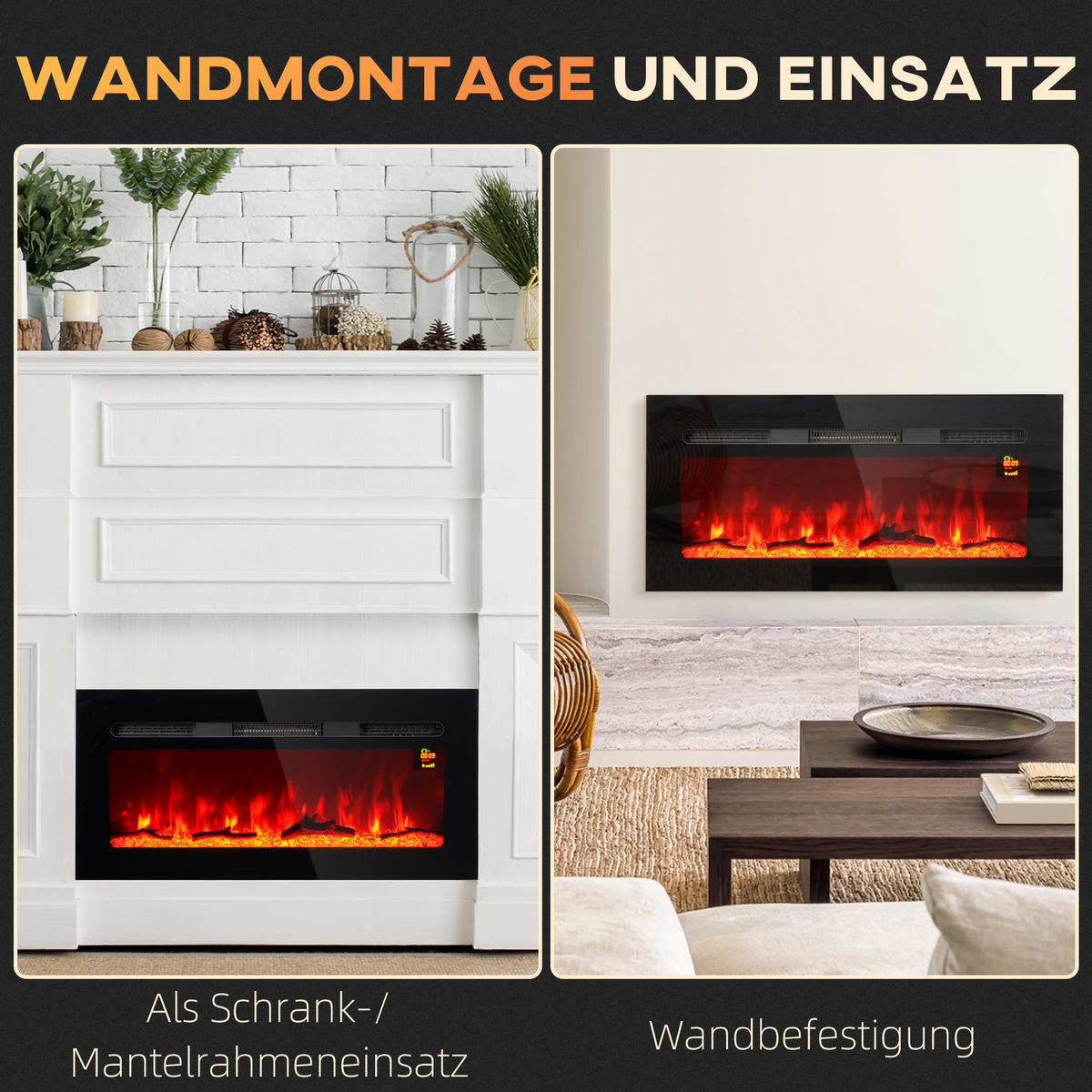 ELEKTROKAMIN mit LED Flammeneffekt,1800 W Wandkamin mit Kristalle, in 3 Farben - Schwarz, Metall (15.8/45/91.4cm) - HOMCOM