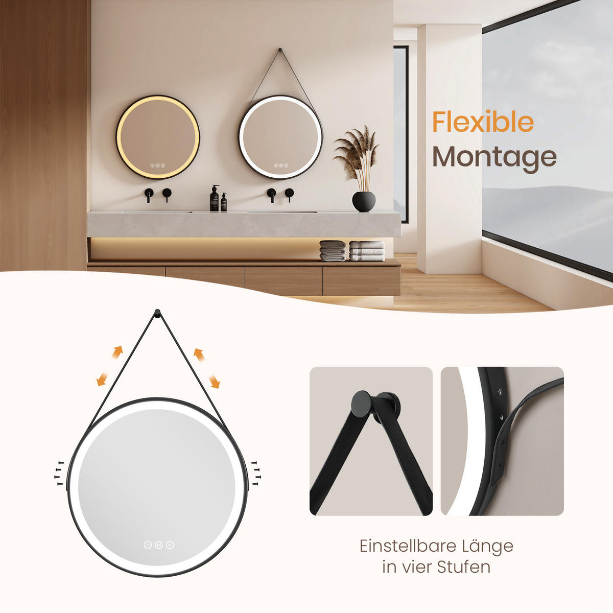 BADSPIEGEL mit Touch-Schalter Beleuchtung mit Hängeriemen Schwarz ф70 cm - Schwarz, Glas (70/3.5/70cm) - EMKE