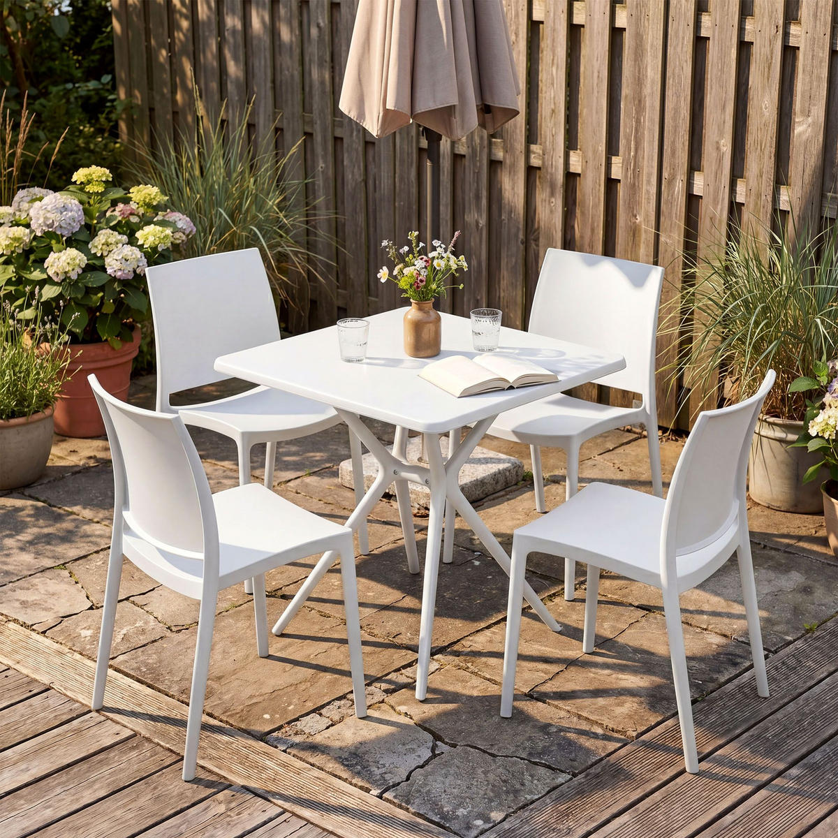 GARTENMÖBEL-SET Greta 4 Stühle 156x156x81cm Kunststoff Weiß Balkonset - Weiß, Kunststoff - DELUKE