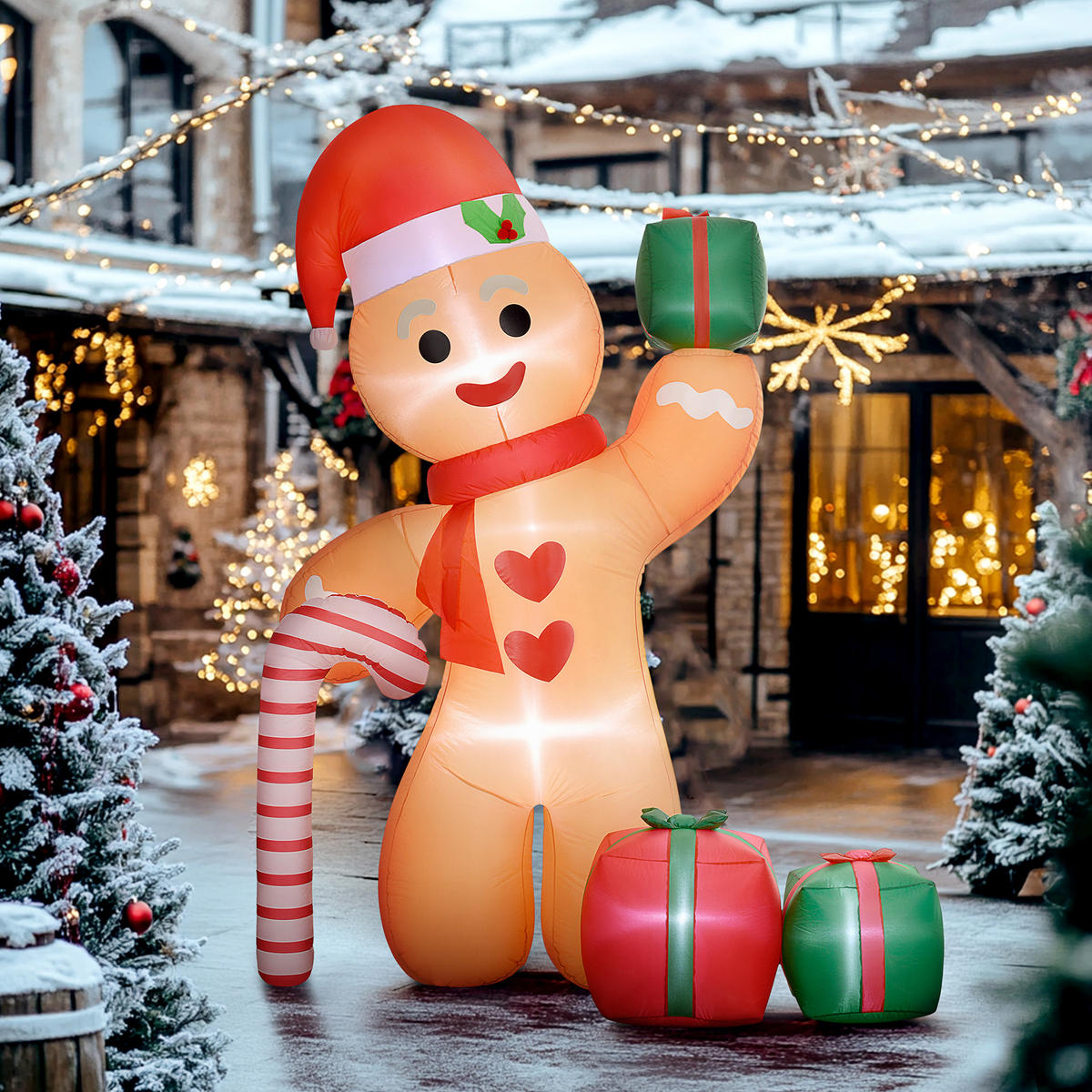 AUFBLASBARE Weihnachtsdeko 2,45 m Lebkuchenmann mit Zuckerstange, 6 LEDs - Orange, Kunststoff (100/245/170cm) - Outsunny