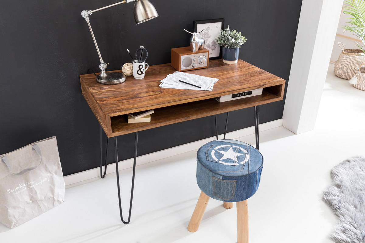 SCHREIBTISCH – Massivholz, Industrial Retro, große Platte, Haarnadelbeine - Schwarz/Braun, Holz/Metall (60/110/76cm) - KADIMA DESIGN