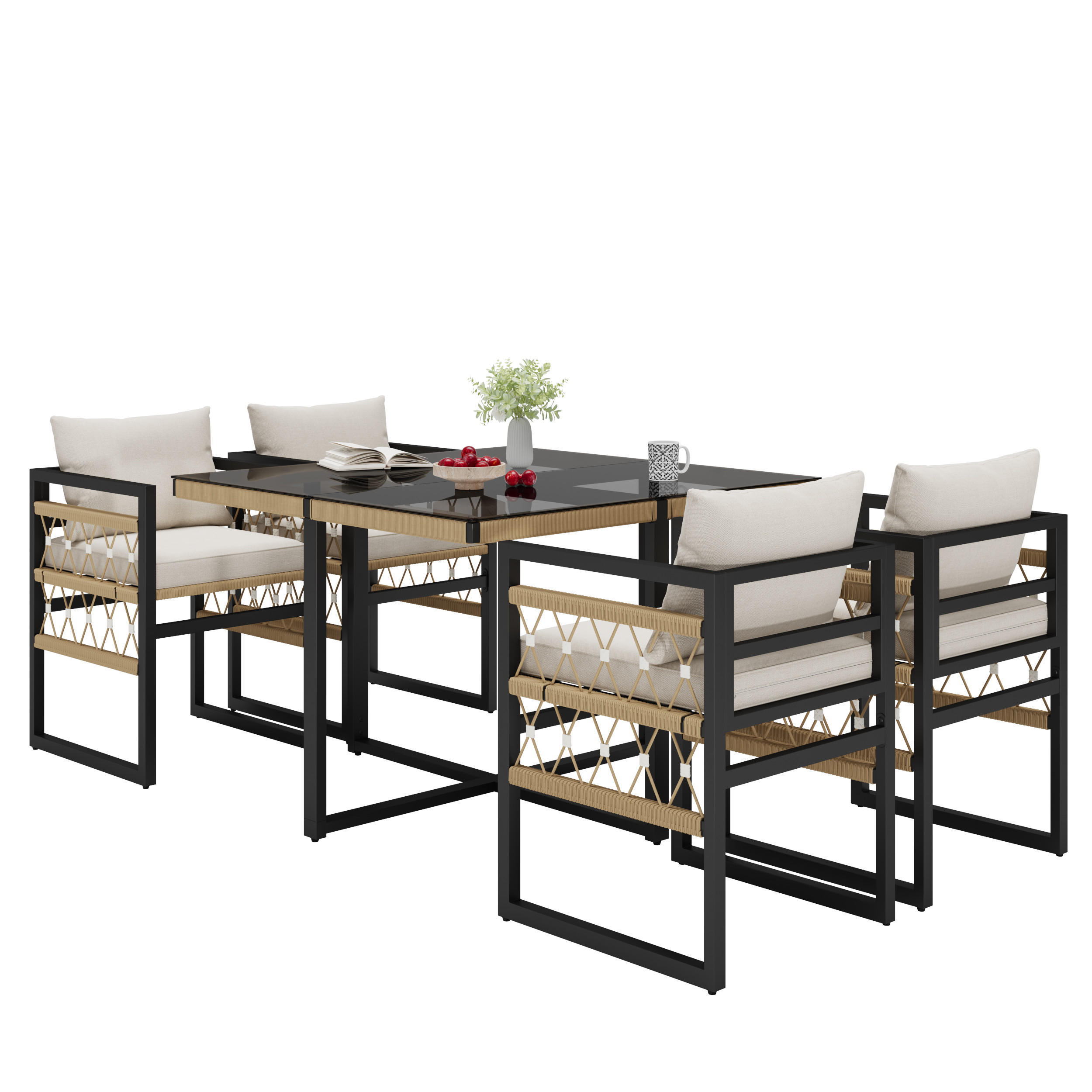 GARTENSET 4 Personen Beige Inkl. Glastisch & 4 Sesseln - Beige, Metall - FLIEKS