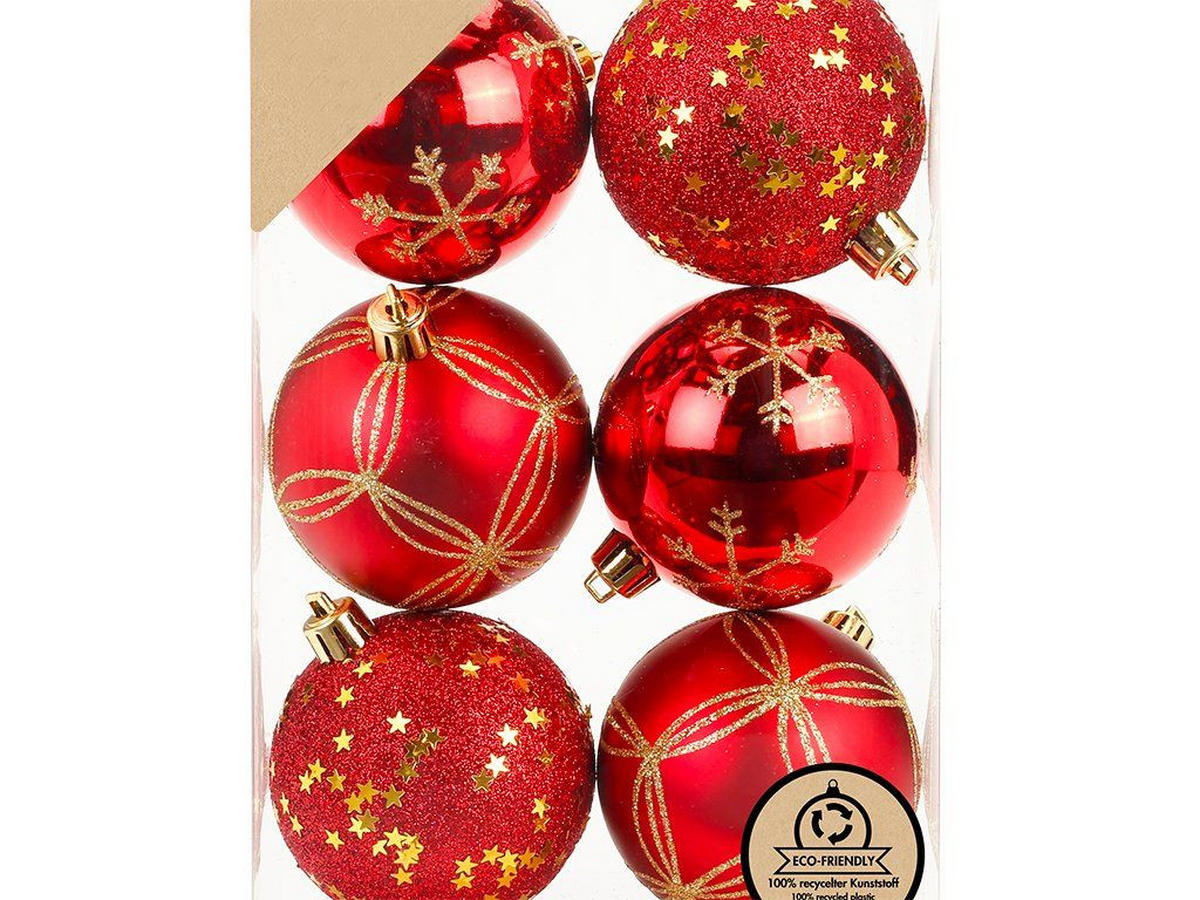 WEIHNACHTSORNAMENTE 6er-Set Ornamente rot Mix 8 cm - Rot/Goldfarben, Kunststoff (8/8/8cm) - LAALU