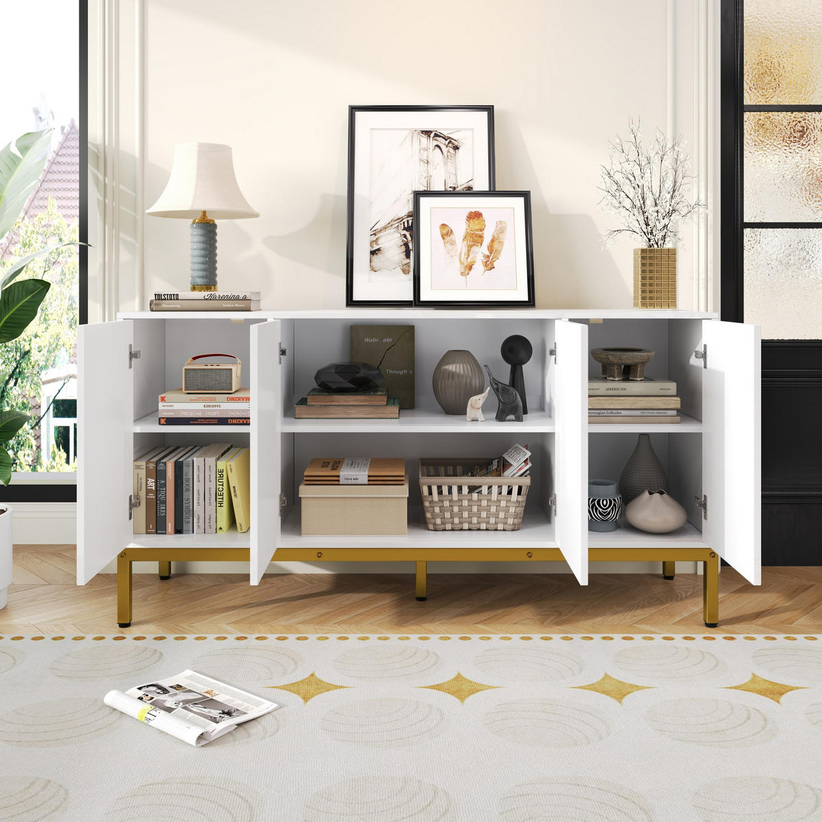 SIDEBOARD in Hochglanz Weiß mit goldenen Metallbeinen und eleganten Ringgriffen, 140/40/80 cm, Weiß/Gold - Weiß, Holzwerkstoff (140/80/40cm) - Redom