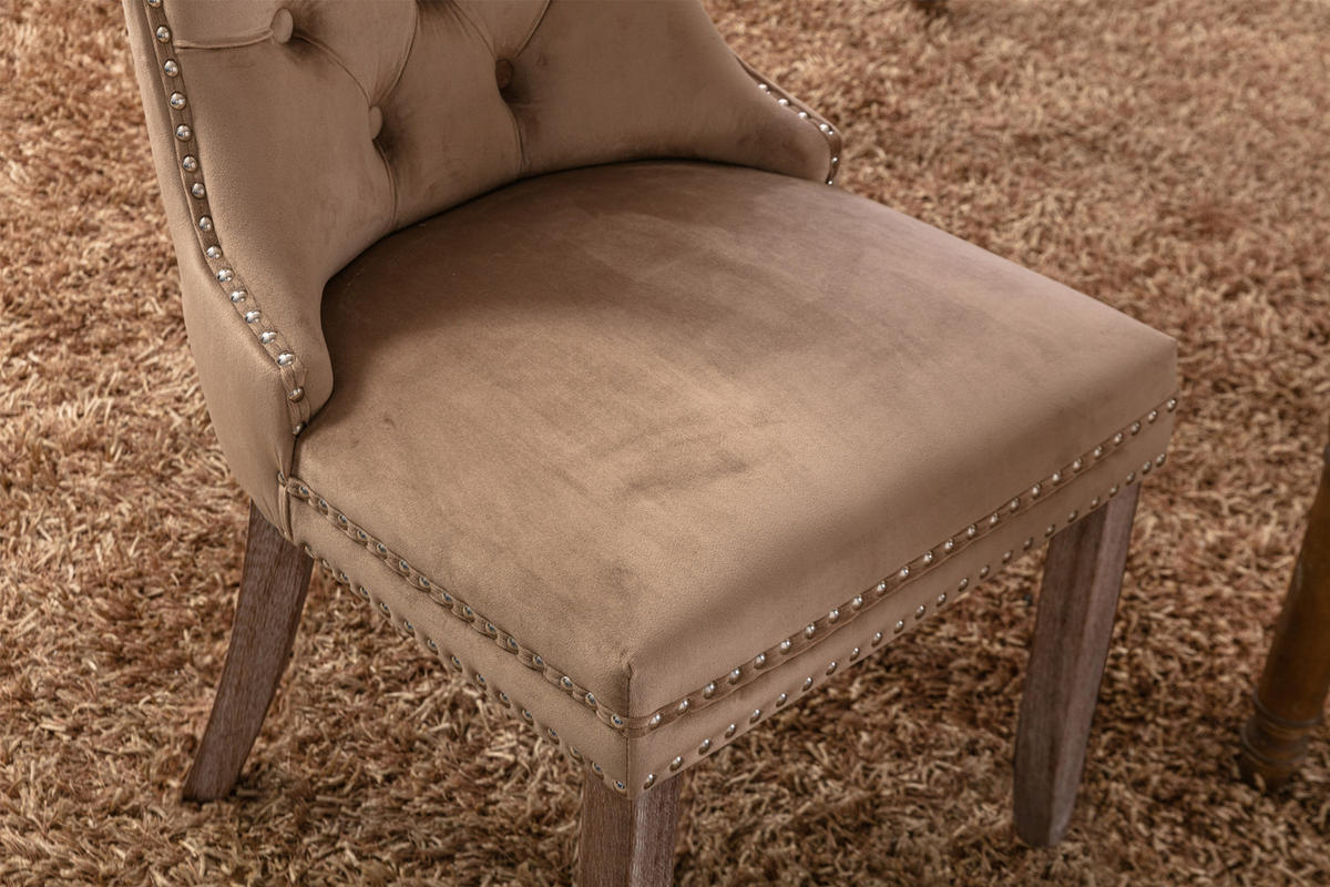 ESSZIMMERSTUHL 2er-Set aus Samt mit Nagelkopfbesatz, Khaki - Sandfarben, Textil (65/95/50cm)
