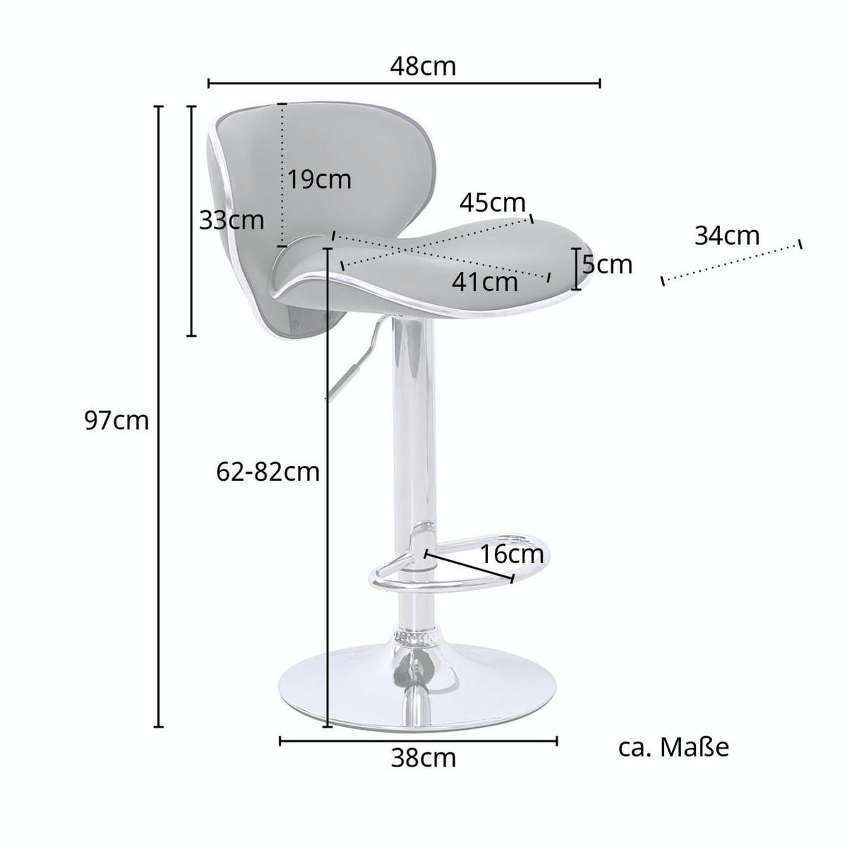 BARHOCKER mit Lehne 2er Set Kunstleder Grau - Silberfarben/Grau, Textil (45/97/48cm) - SVITA
