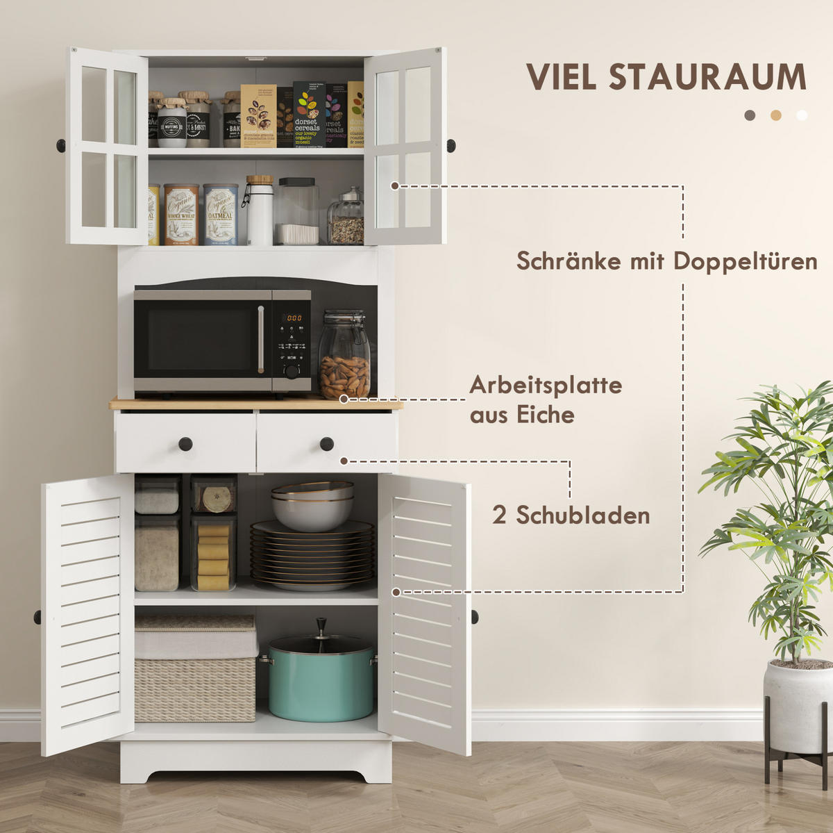 BUFFET aus MDF und Kautschukholz 68x39,5x170 cm Weiß mit verstellbaren Regalen, Lamellentüren und 2 Schubladen - Weiß, Holzwerkstoff (68/170/39.5cm) - Modfu