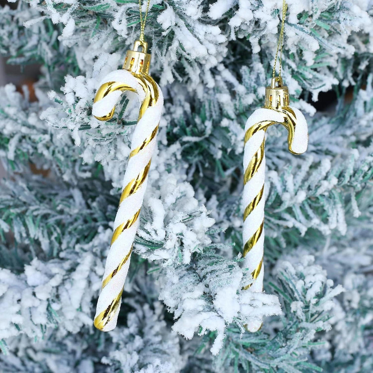 WEIHNACHTSBAUMSCHMUCK 12-teiliges Set Zuckerstangen-Anhänger Weiß-Gold - Multicolor, Kunststoff (3/1/10cm)