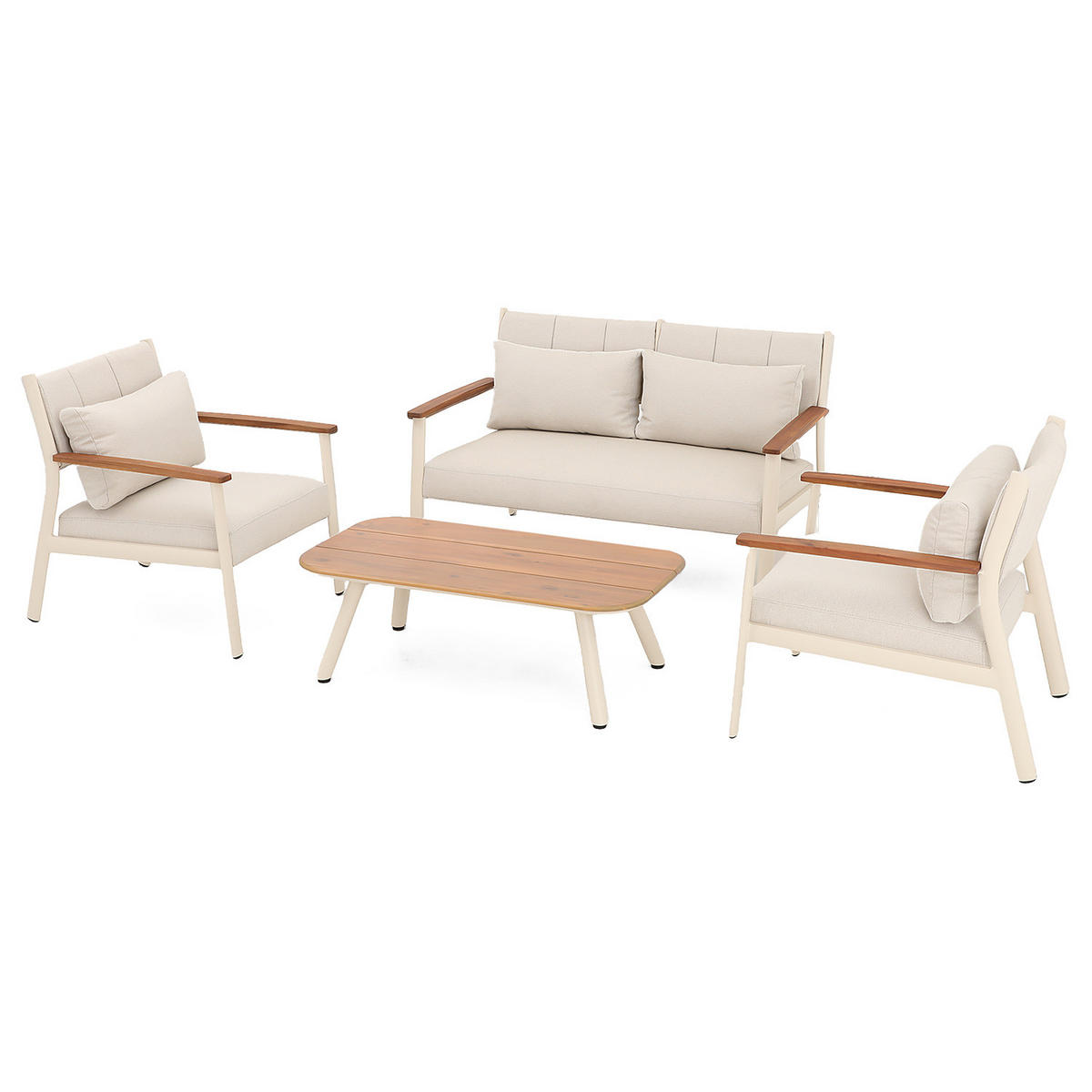 LOUNGESET - 4-teilig - Aluminium / Polyester - Beige - Beige, Holz/Textil (1/1/1cm) - home24