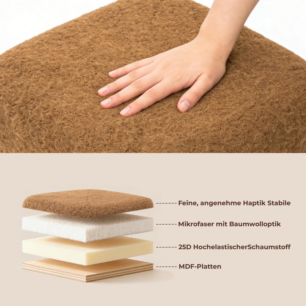 HOCKER Teddy-Stoff Braun 41 x 41 x 39 cm - Braun, Holzwerkstoff (42/40/42cm) - Hometopia