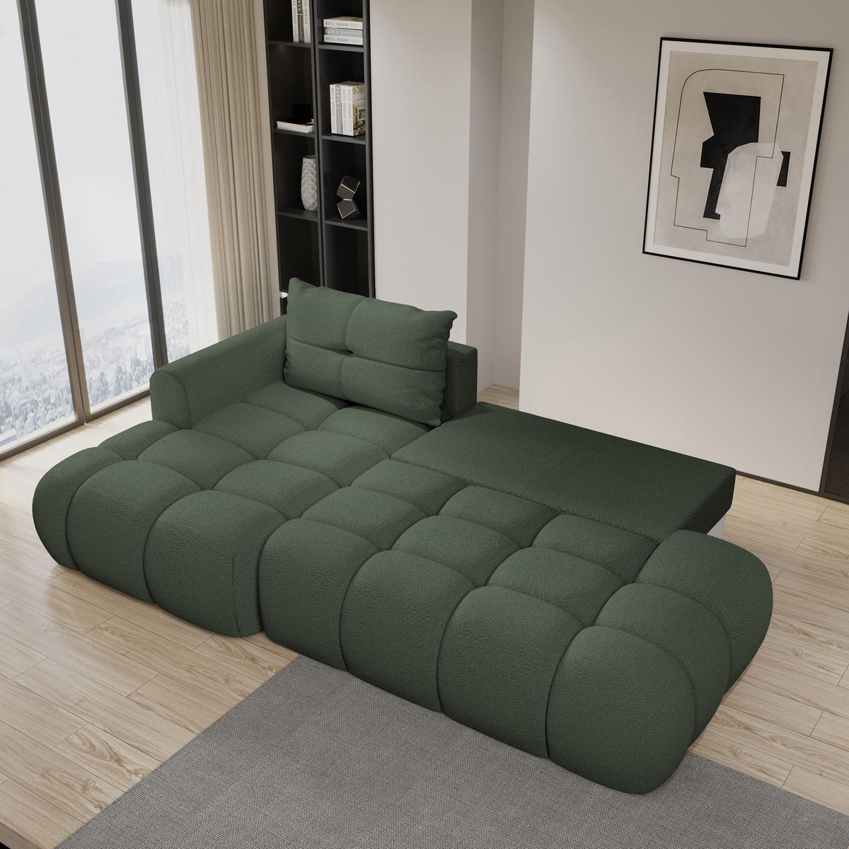 ECKSOFA FLUMA L-S Grün Boucle-Stoff mit Schlaffunktion - Grün, Holz (274/165cm) - MASSENO