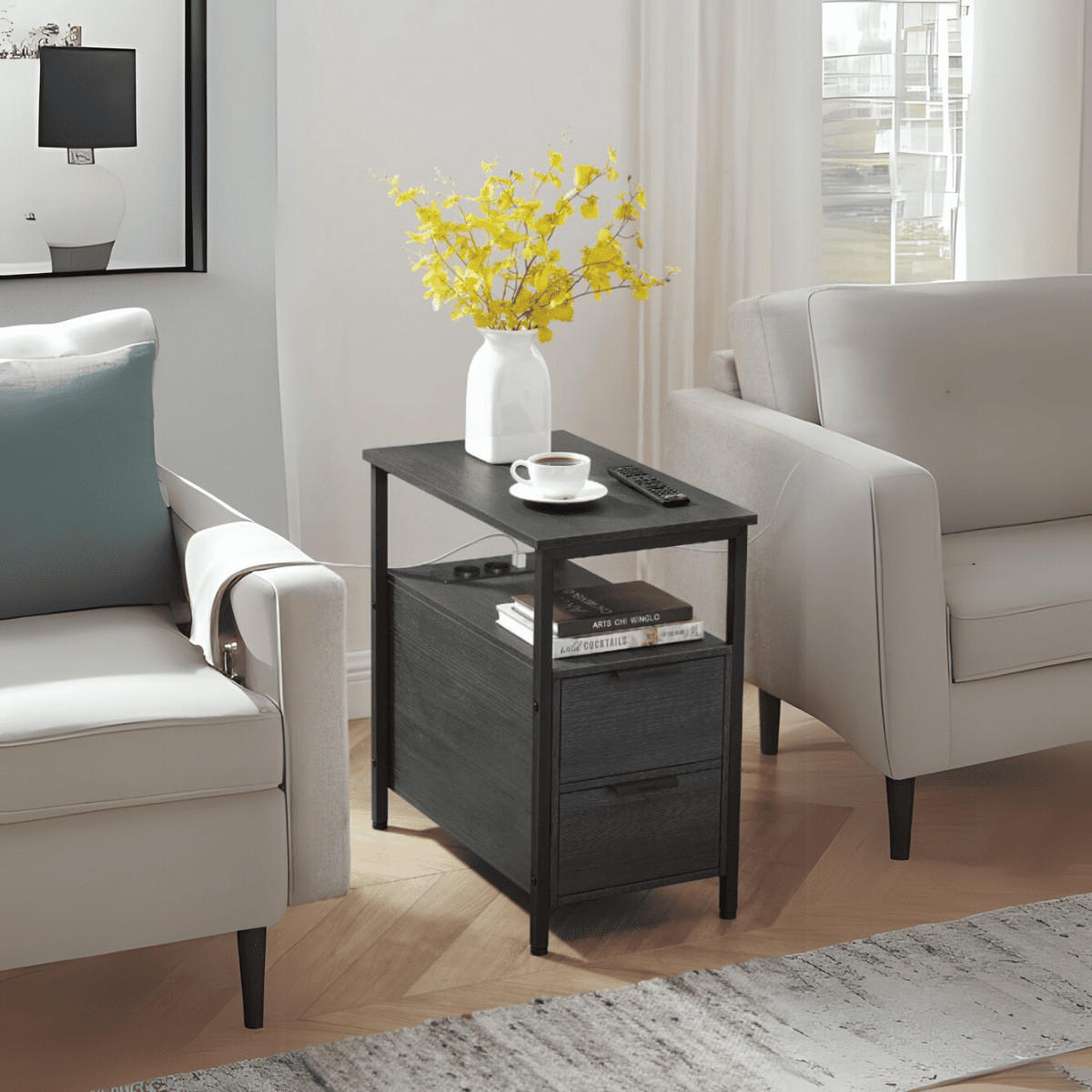 BEISTELLTISCH mit 2 Schubladen - H60 cm - Schwarz, Holzwerkstoff (35/60/60cm) - Calicosy