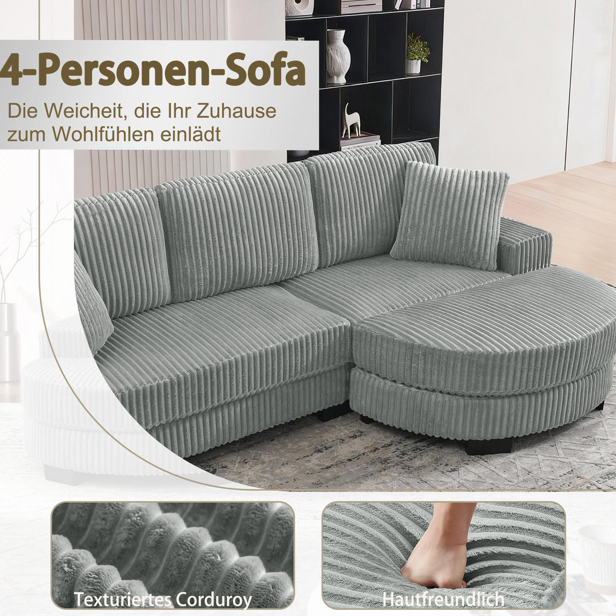 ECKSOFA 256.5/133.5/89 cm Grau Cord mit 2 Kissen und ovaler Fußhocker - Grau, Textil (133.5/89/256.5cm) - Oxeza