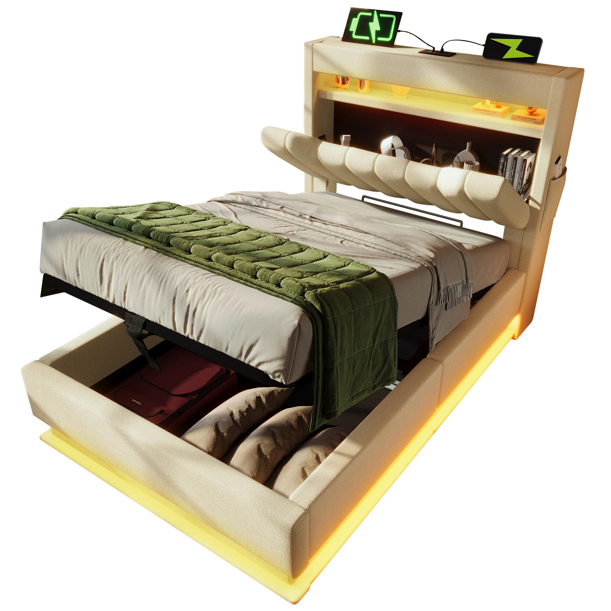POLSTERBETT 90/200 cm Beige aus Leinen mit Matratze und LED-Beleuchtung - Beige, Textil (90/200cm) - OKMYHOME