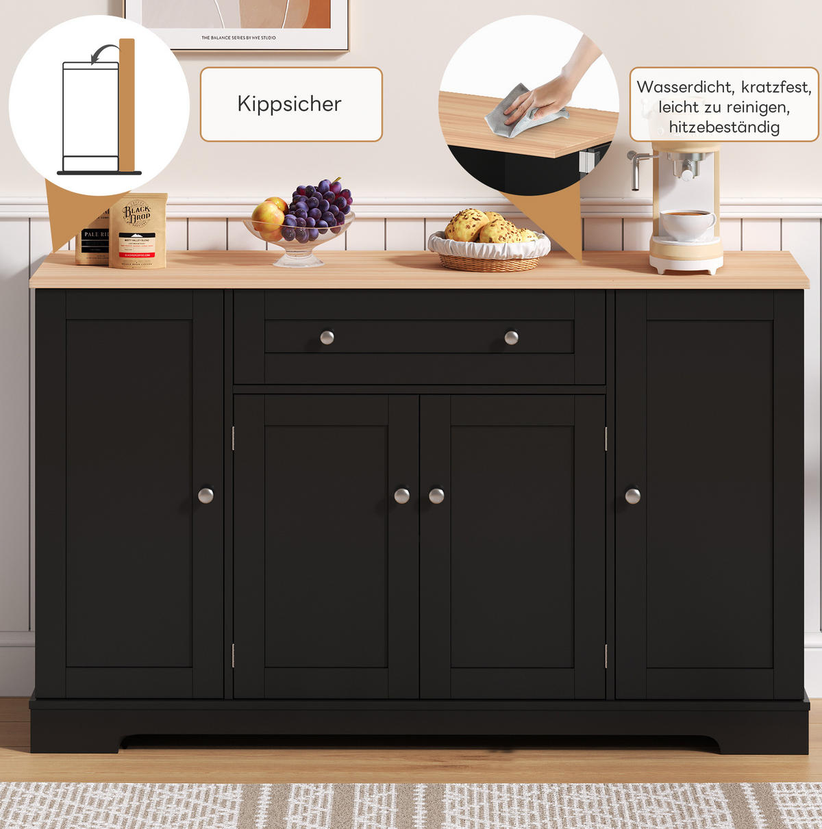 SIDEBOARD 138 cm Schwarz aus MDF mit verstellbaren Einlegeböden - Schwarz, Holzwerkstoff (40/85/138cm) - OKMYHOME