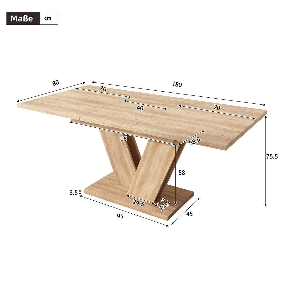 ESSTISCH 140/180/80 cm ausziehbar mit V-förmigen Metallbeinen und MDF-Tischplatte, Eichefarben - Eichefarben, Holzwerkstoff (180/80/75.5cm) - Redom