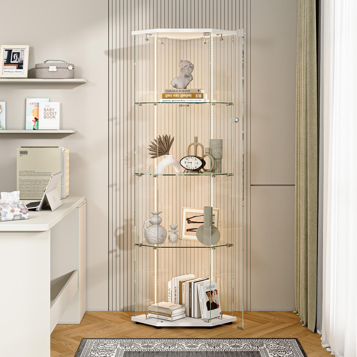 VITRINE Glas, 4 Ebenen, LED Band, 1 Tür, Eckvitrine, freistehend, weiß - Weiß, Glas (60/160/40cm) - EuroLiving