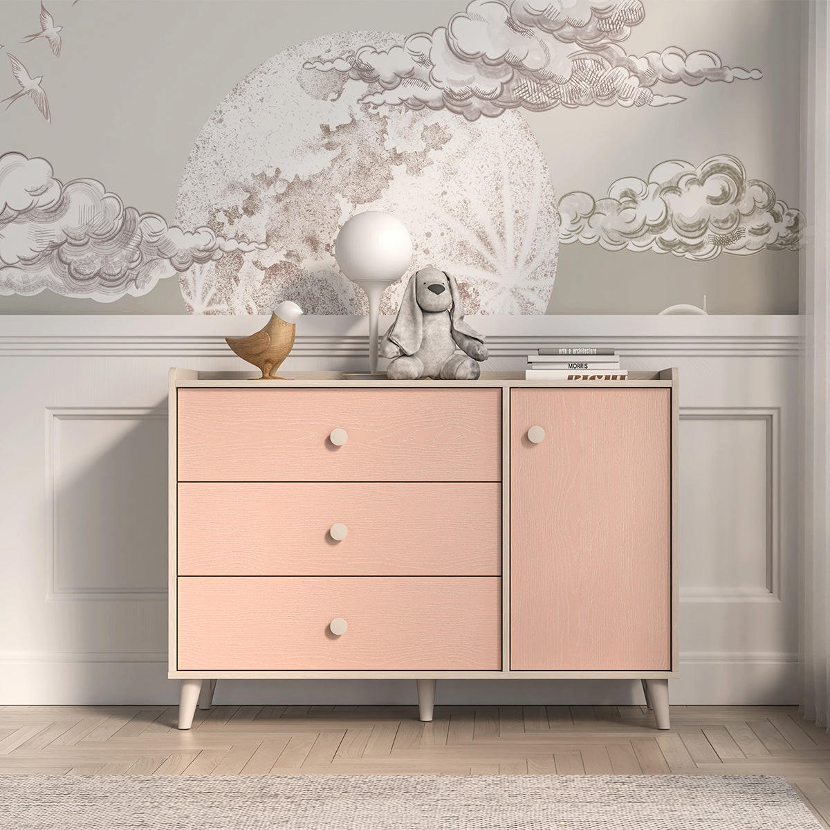 OTROŠKA KOMODA Alycia Bež - Koralno roza - Lesen učinek - pink, les (120/85/40cm) - Petits-meubles