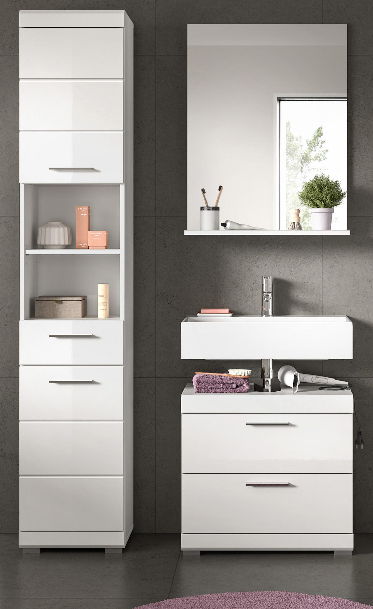 BADMÖBEL-SET weiß Hochglanz 3-teilig 112 cm, Komplettset mit viel Stauraum - Weiß Hochglanz, Glas/Holzwerkstoff (112/191/37cm) - Inn.Furn