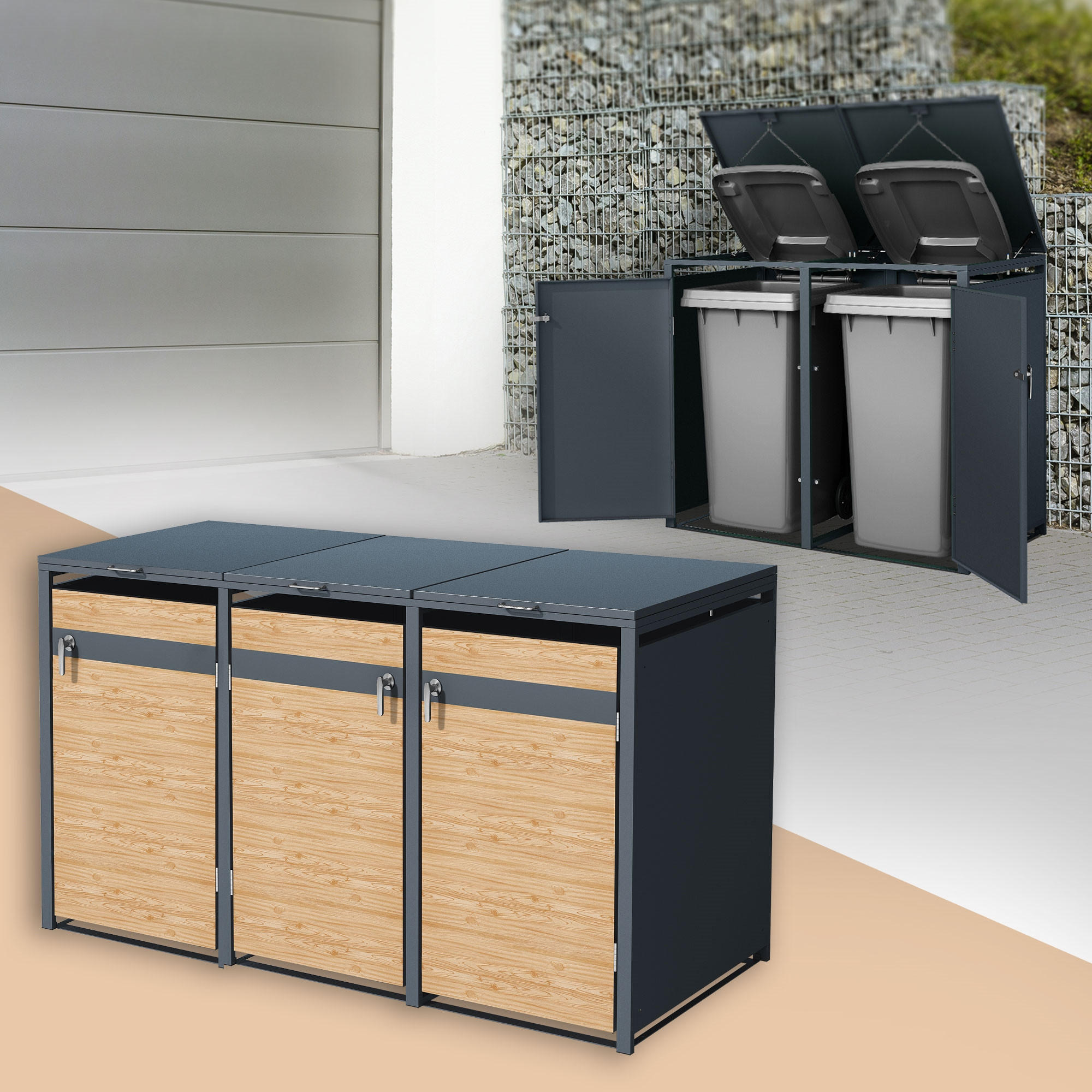 MÜLLTONNENBOX 3er Anthrazit-Lärchenoptik - Hellbraun, Metall (80/116.3/200cm) - ML-DESIGN