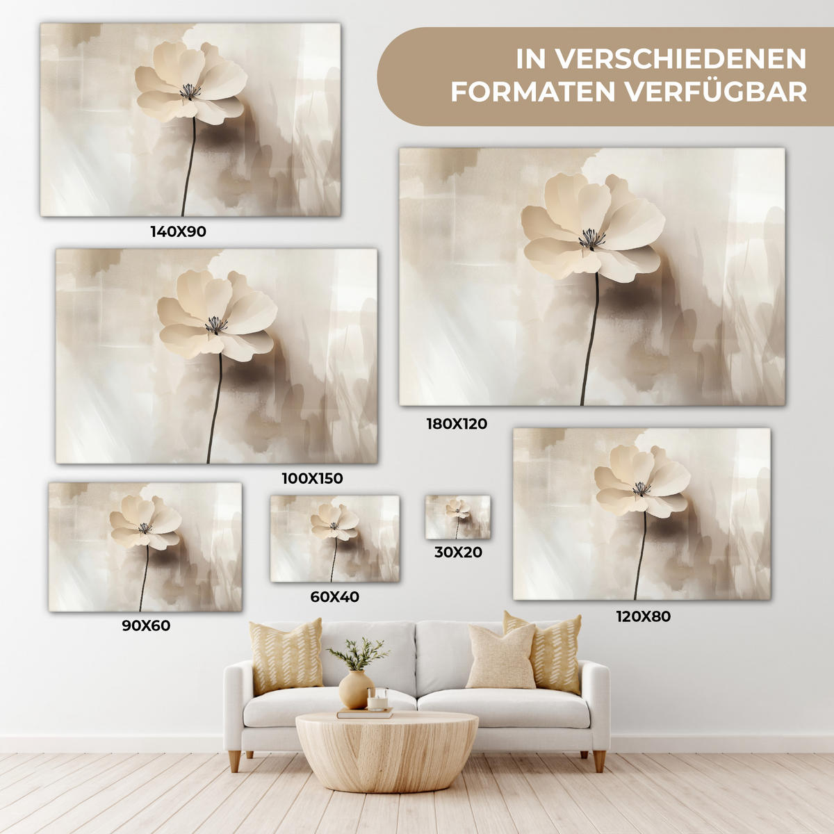 LEINWANDBILD Blume - Beige - Farbe - Schatten Wohnzimmer 120x80 cm - Creme, Textil (120/80cm) - MuchoWow