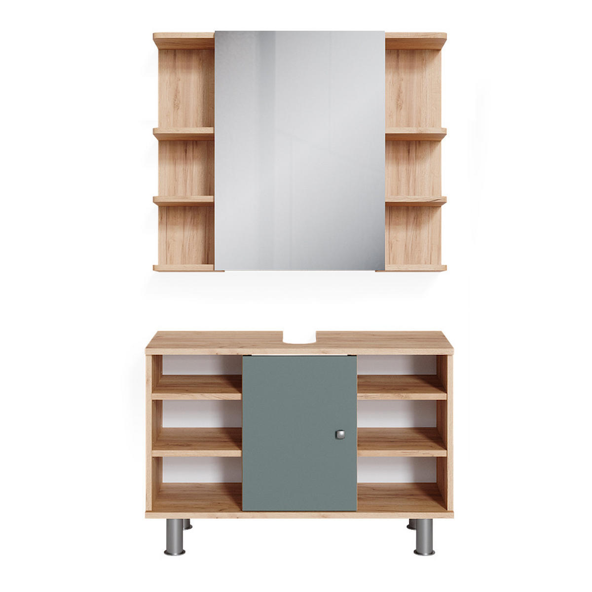 BADMÖBEL-SET Fynn Grün 2 Teile, Unterschrank 80 cm - Honigeiche/Grün, Holzwerkstoff (60/54/32cm) - Vicco