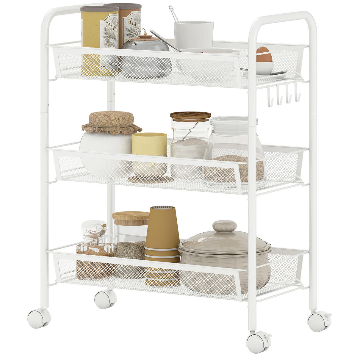 SERVIERWAGEN DE-12537 3 abnehmbare Körbe mit 4 Haken 45/26,5/63 cm Weiß - Weiß, Metall (26.5/63/45cm) - ComfortXL