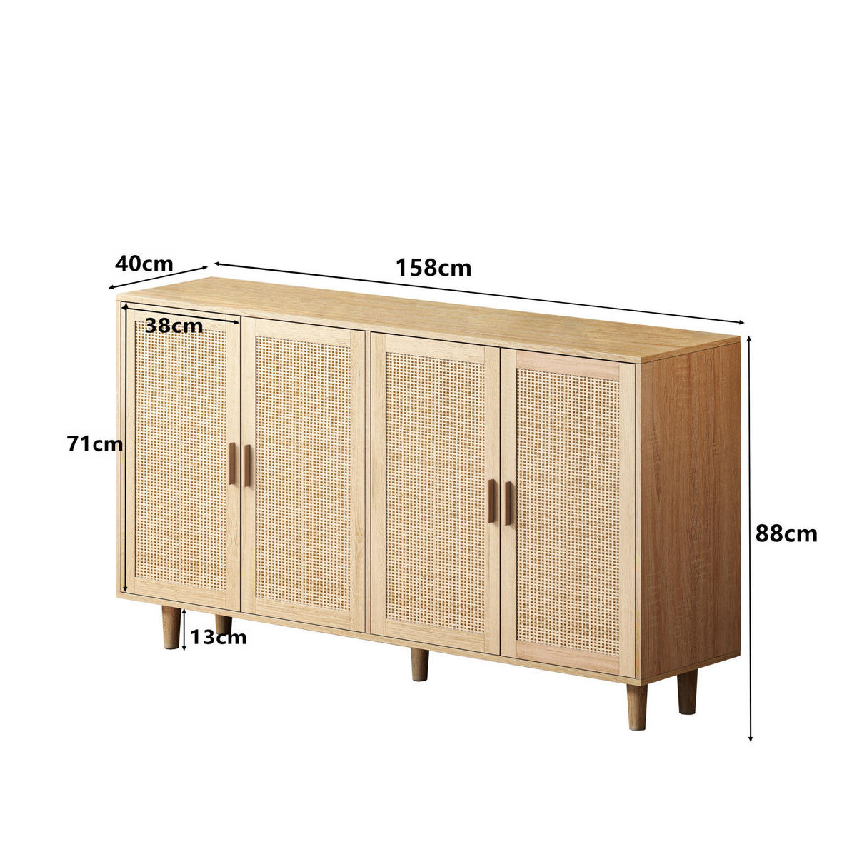 SIDEBOARD Naturfarben, 4 Rattantüren, Holzkonsole - Kastanienfarben, Holz (158/88/40cm)