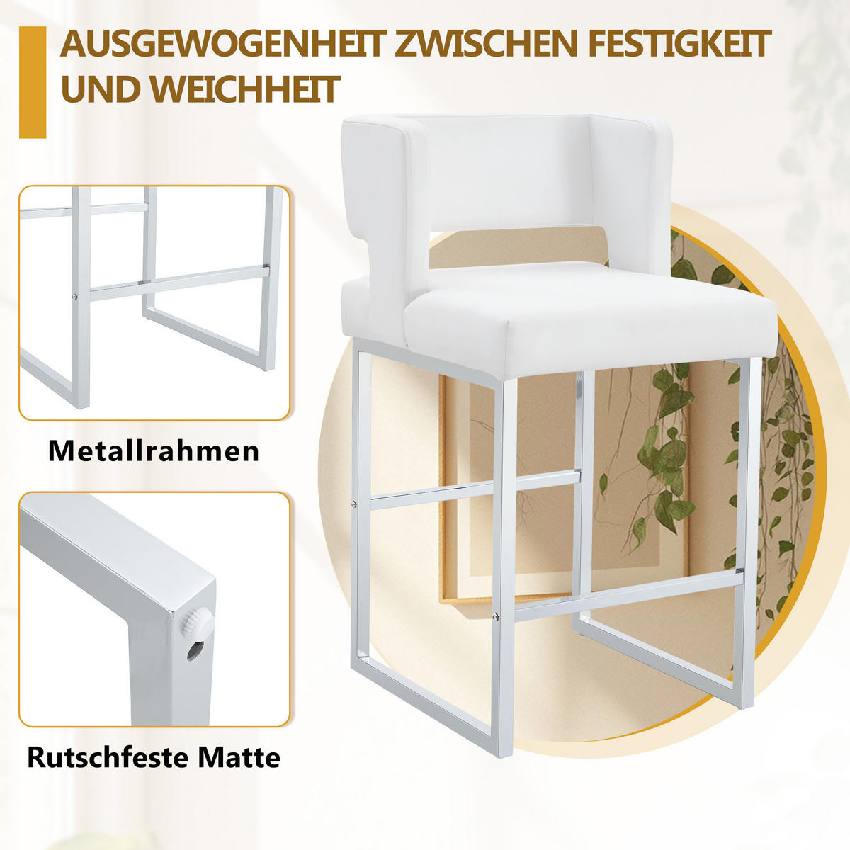 BARHOCKER 2er-Set Weiß & Silber mit PU-Leder und Metallbeinen - Weiß, Metall (48/91.4/53.3cm) - PANGIVO