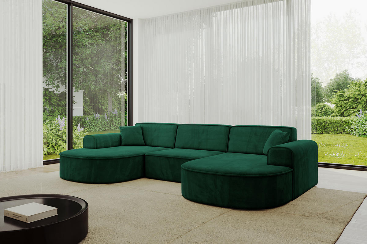 WOHNLANDSCHAFT MARI-U1 - 303x171x79 cm Grün Velours - Schwarz/Grün, Holzwerkstoff/Kunststoff (303/79/171cm) - ALTDECOR