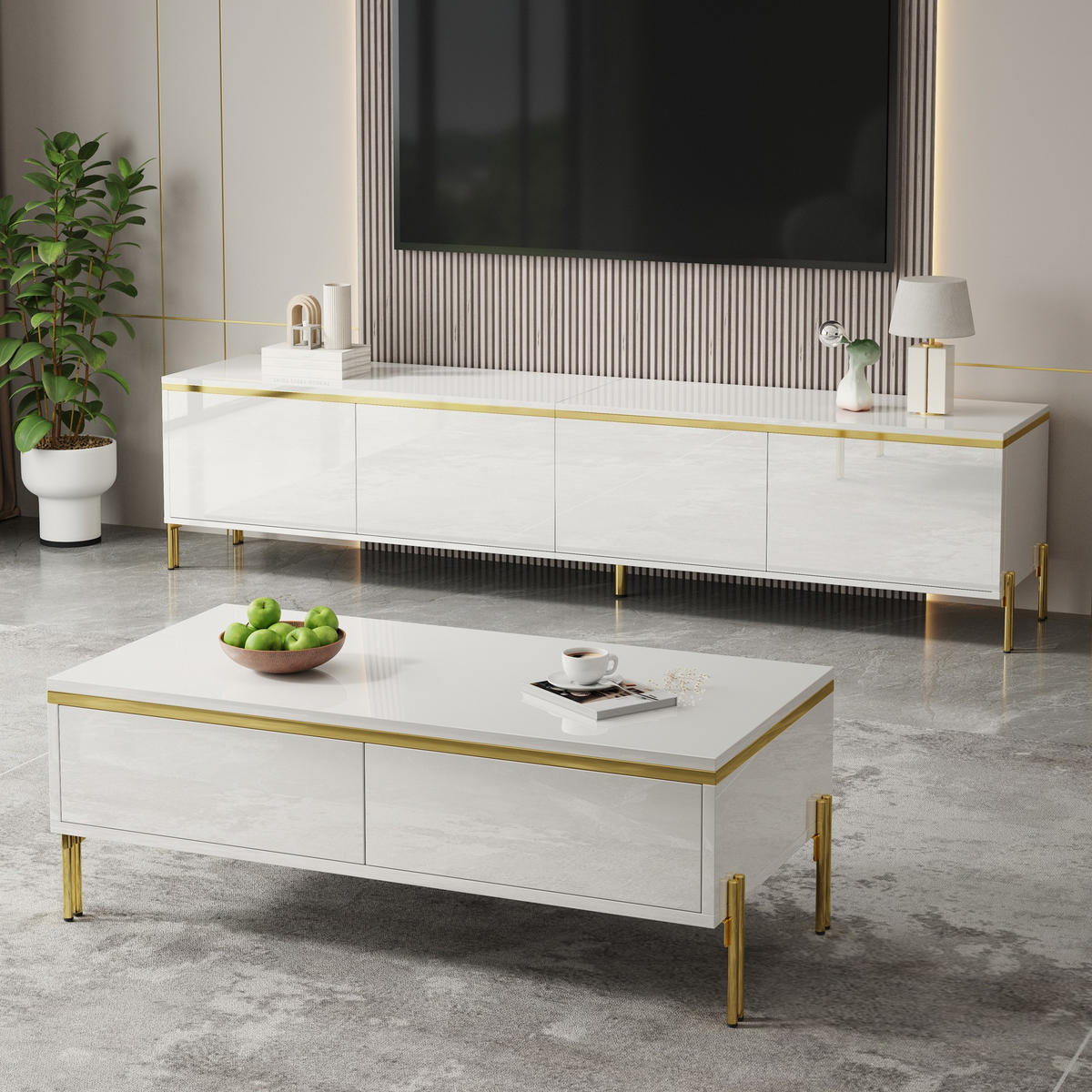 TV- & COUCHTISCH-SET Hochglanz Goldkante Stauraum modern Luxus - Weiß, Holzwerkstoff (38/50/170cm) - FLIEKS