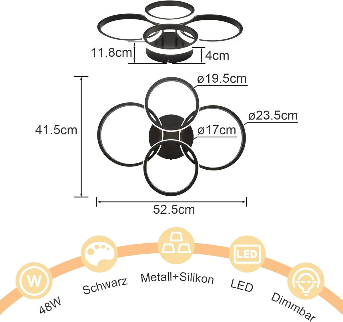 LED-DECKENLEUCHTE Xalvor 52.5/41.5/11.8 cm - Schwarz, Metall (52.5/41.5/11.8cm) - ZMH