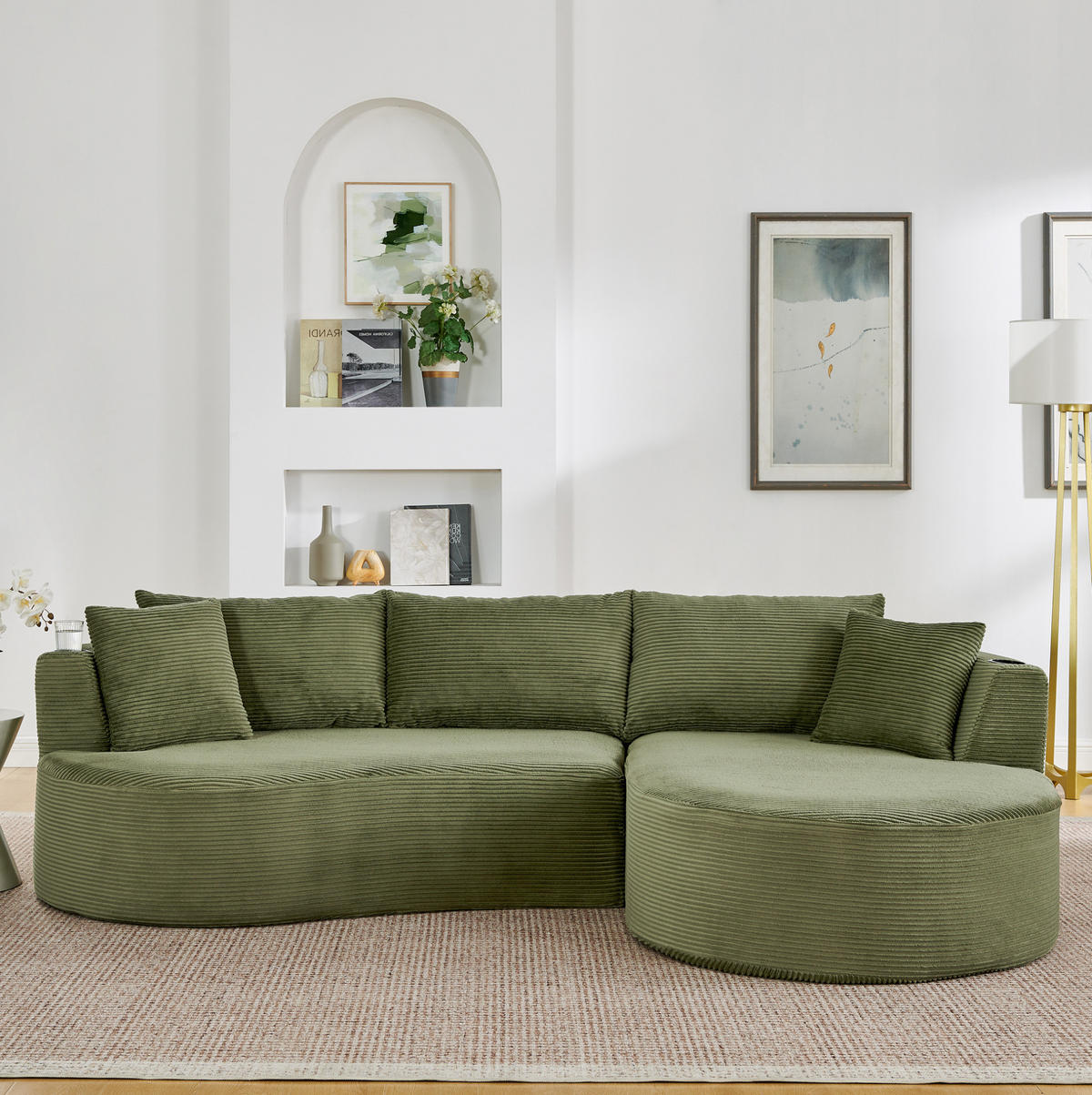 3-SITZER Sofa mit Getränkehaltern, bogenförmigem Design und Kissen, Grün - Grün, Kunststoff (264/76/168cm) - Redom
