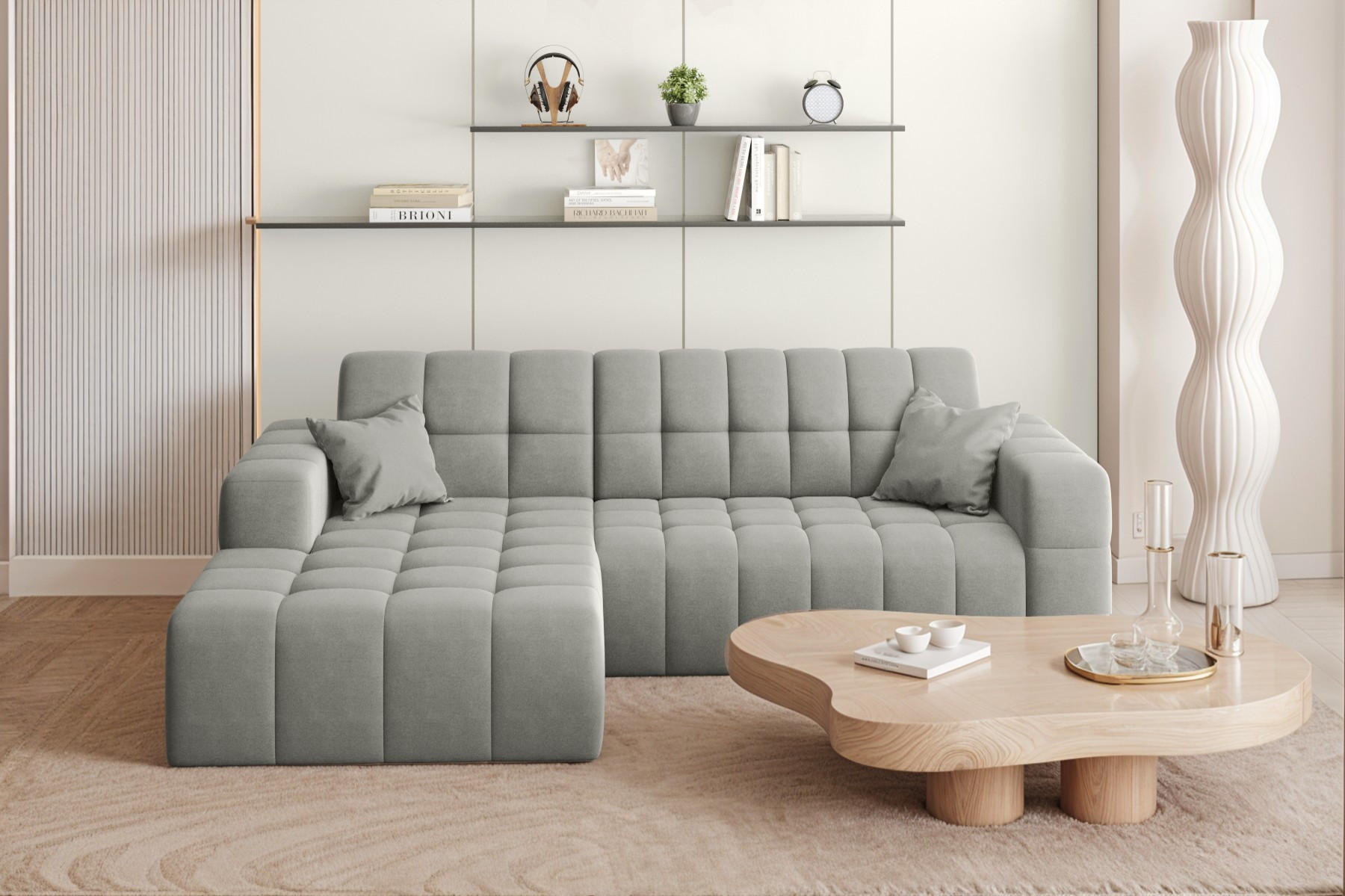 ECKSOFA L-förmiges Nimes Velours Stoff Grau Links - Grau, Holz/Kunststoff (168/265cm) - Kaiser Möbel