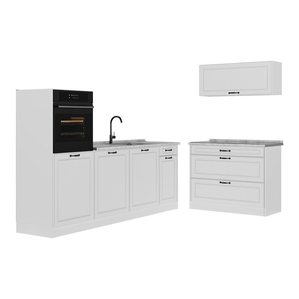 KÜCHENZEILE R-Line, Weiß Landhaus/Weiß, 220 cm Arbeitsplatte Marmor - Weiß, Holzwerkstoff (220/143/60cm) - Vicco