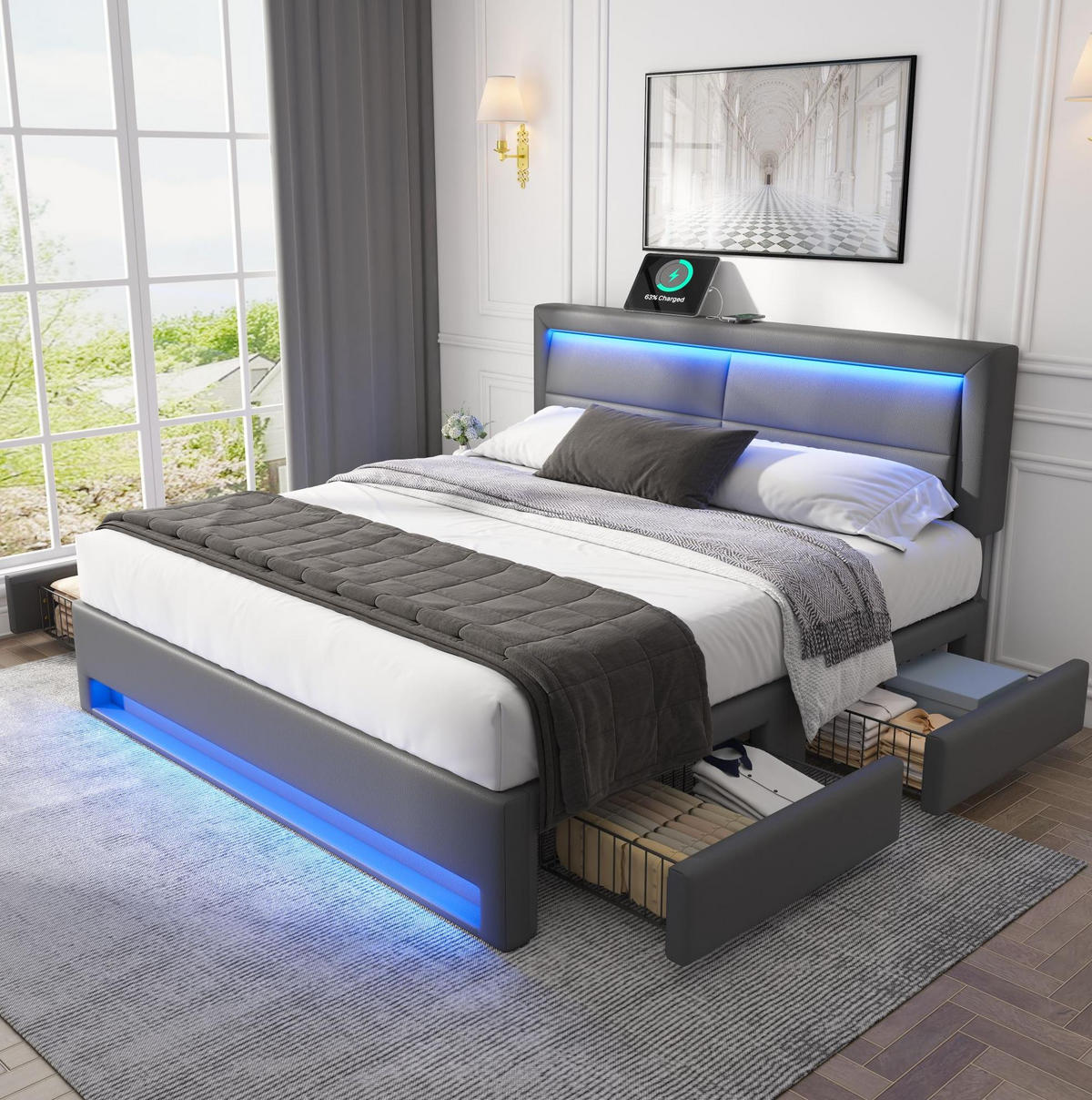POLSTERBETT 140/200 cm mit LED & USB-Ladefläche, 4 Schubladen, PU-Bezug Grau - Grau, Kunststoff (140/200cm) - Redom