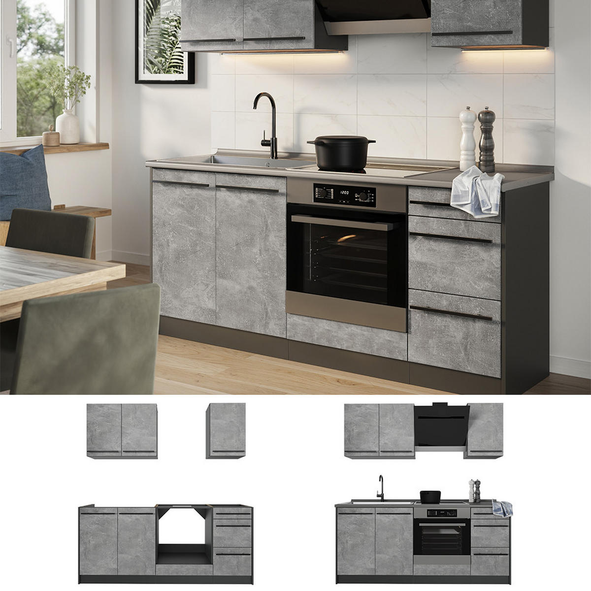 ENOTNA KUHINJA R-Line, Beton/Antracit, 180 cm brez delovne plošče - siva/antracit, leseni material (180/206.8/46cm) - Vicco